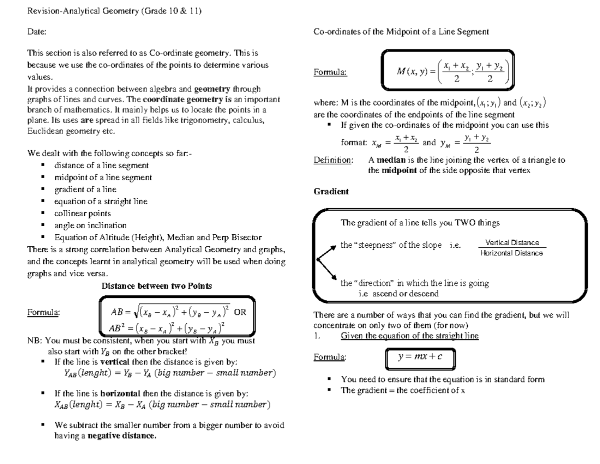 Analytical Geometry Notes 3 - Revision-Analytical Geometry (Grade 10 ...