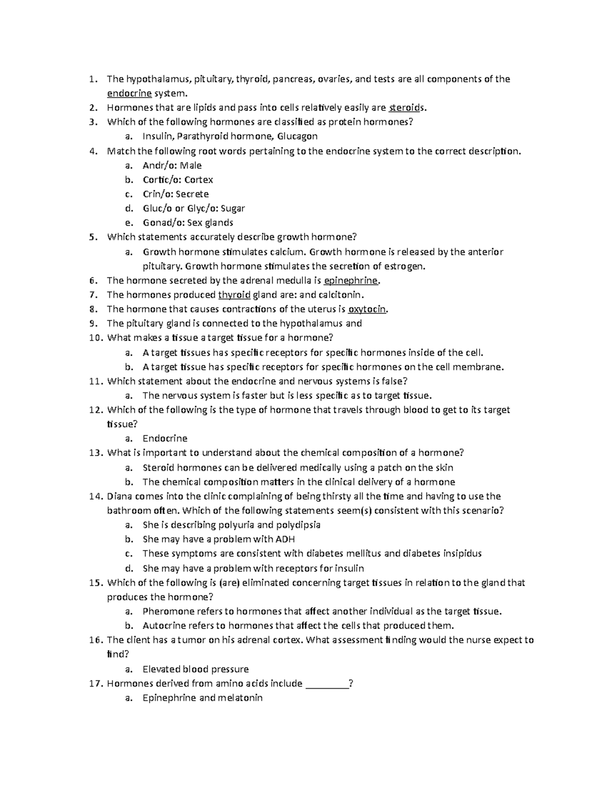 CH 8 Endocrine System - Study Guide - The hypothalamus, pituitary ...