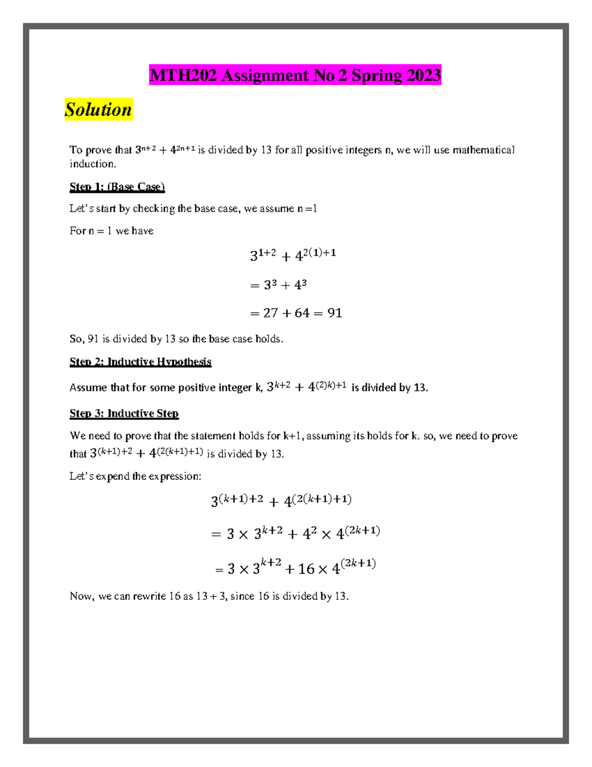 MTH202 Assignment No2 - Step 1: (Base Case) Let’s Start By Checking The ...