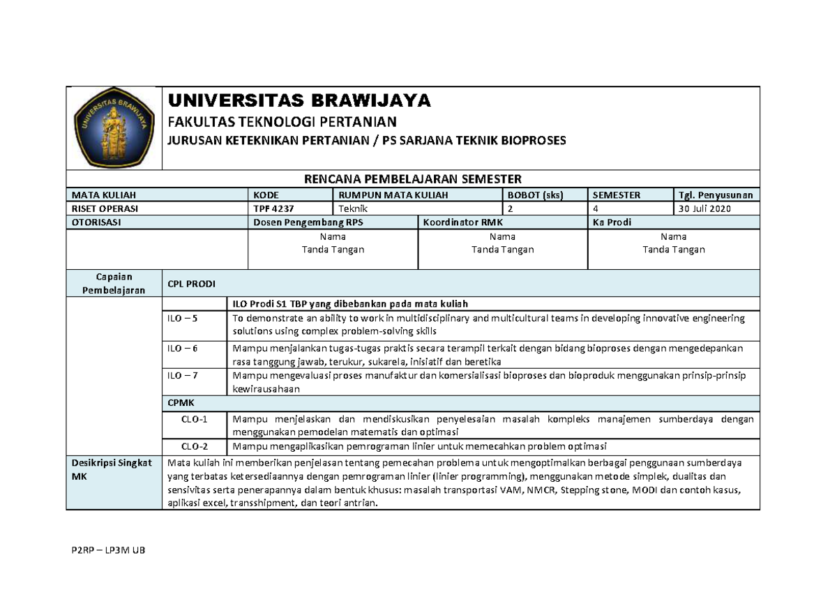 Rencana Pembelajaran Semester TPF4237 Riset Operasi - UB - Studocu