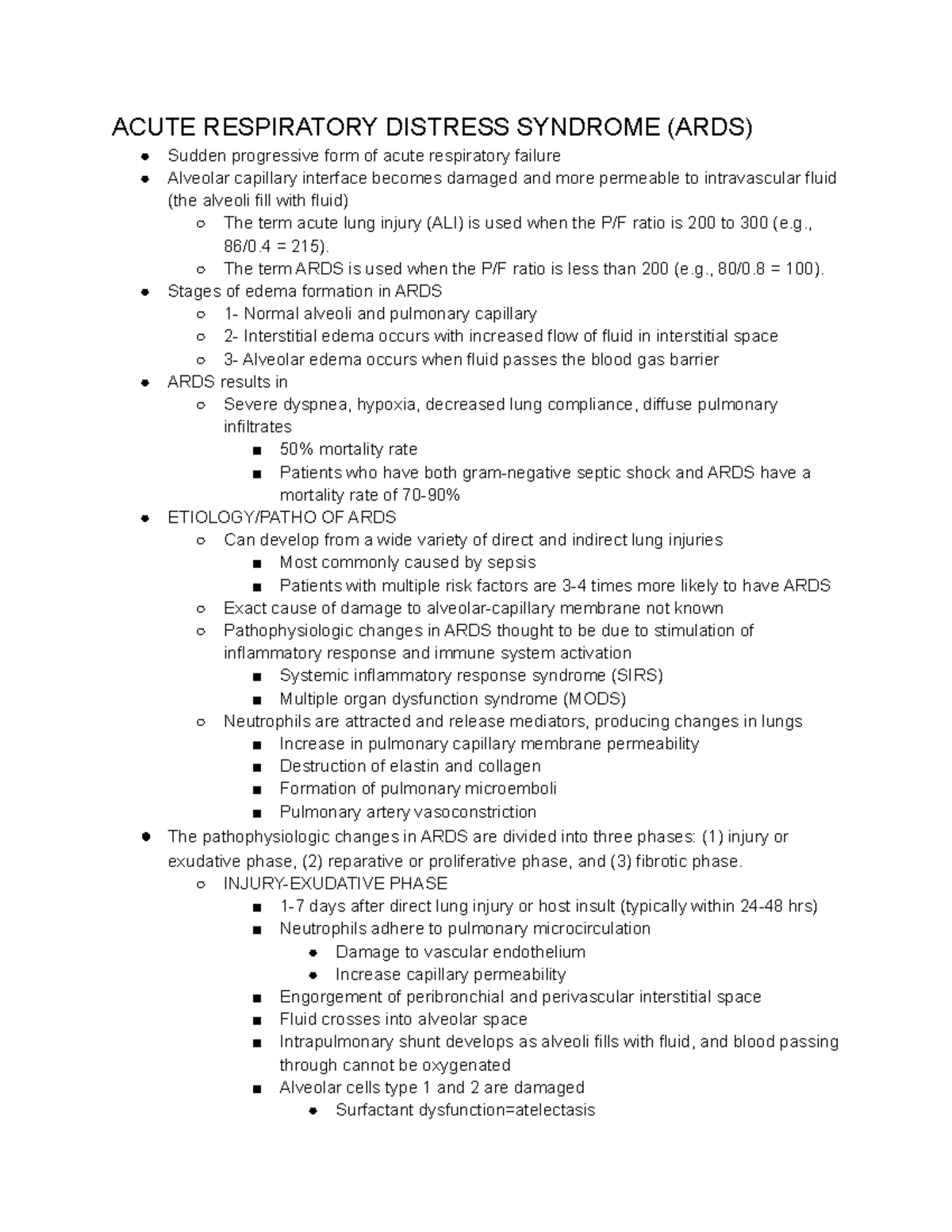 Adult 4 Exam 2 - review - ACUTE RESPIRATORY DISTRESS SYNDROME (ARDS ...