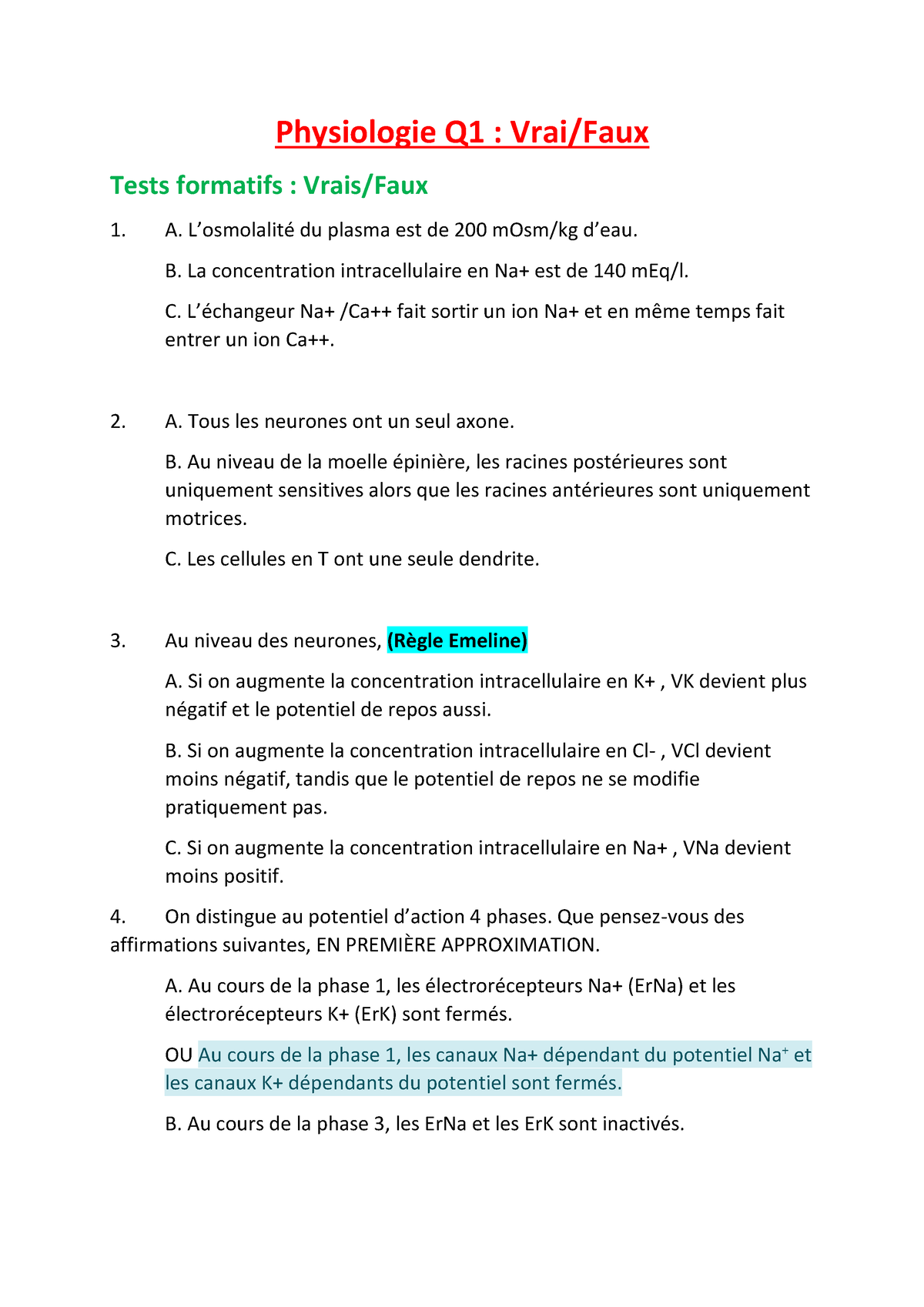 Physiologie Q Vrai Faux Questions Physiologie Q Vrai Faux Tests