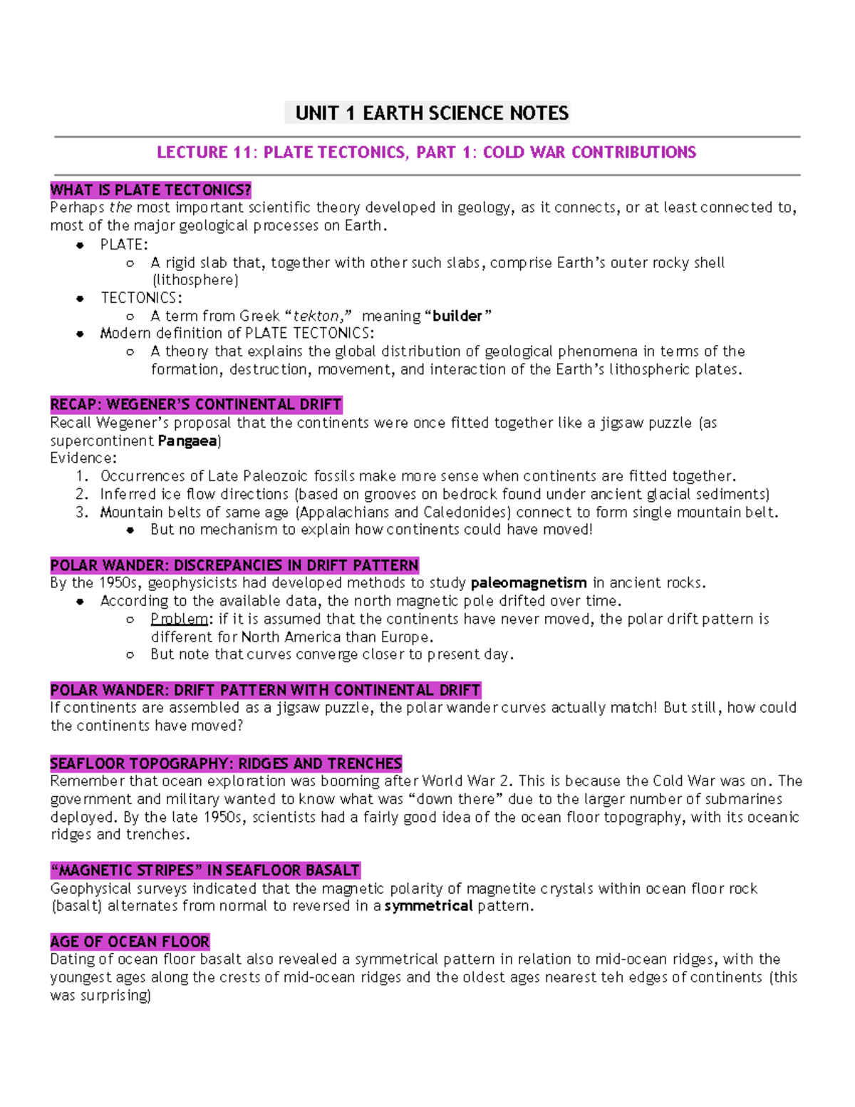 UNIT 1 - Lecture 11 & 12 - UNIT 1 EARTH SCIENCE NOTES LECTURE 11: PLATE ...