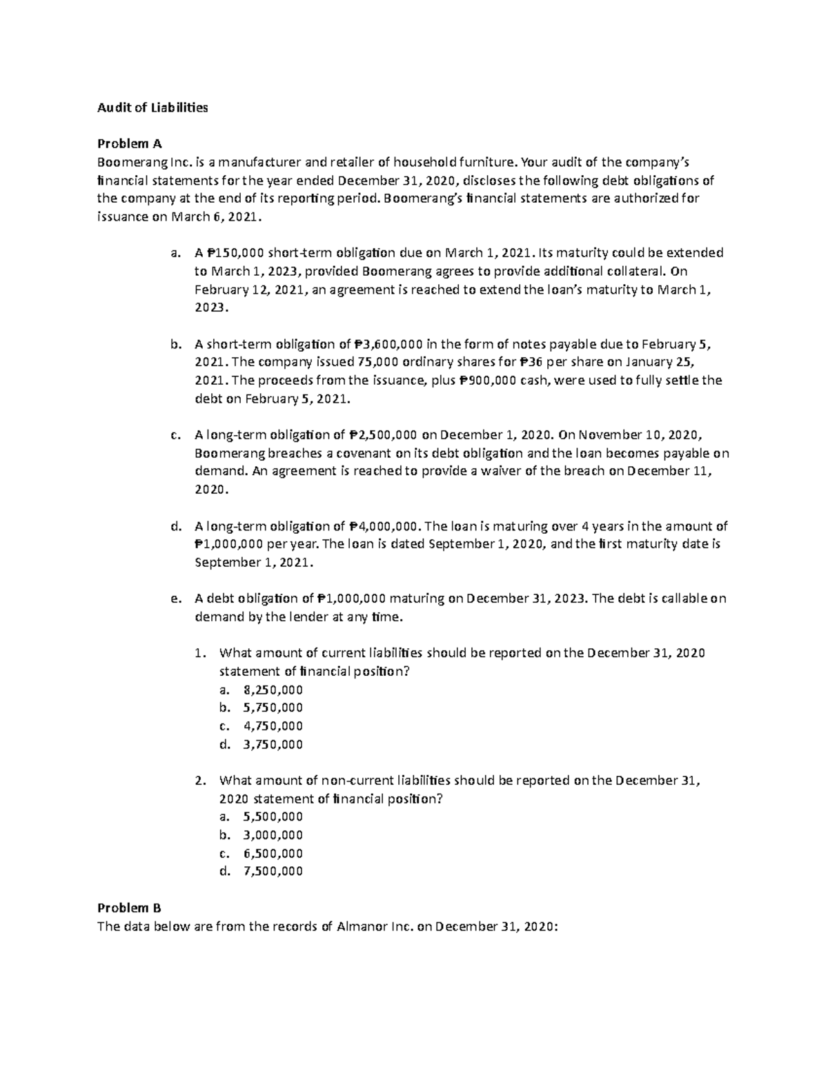 Audit Of Liabilities Q&a - Audit Of Liabilities Problem A Boomerang Inc 