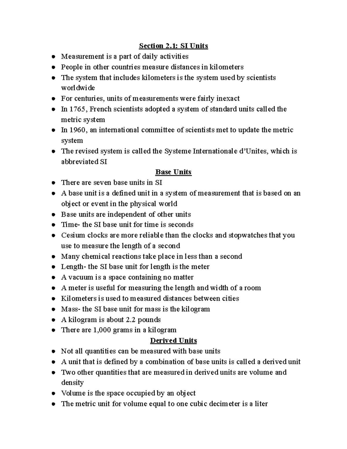 Chemistry Chap 2 Notes - Section 2: SI Units Measurement is a part of ...