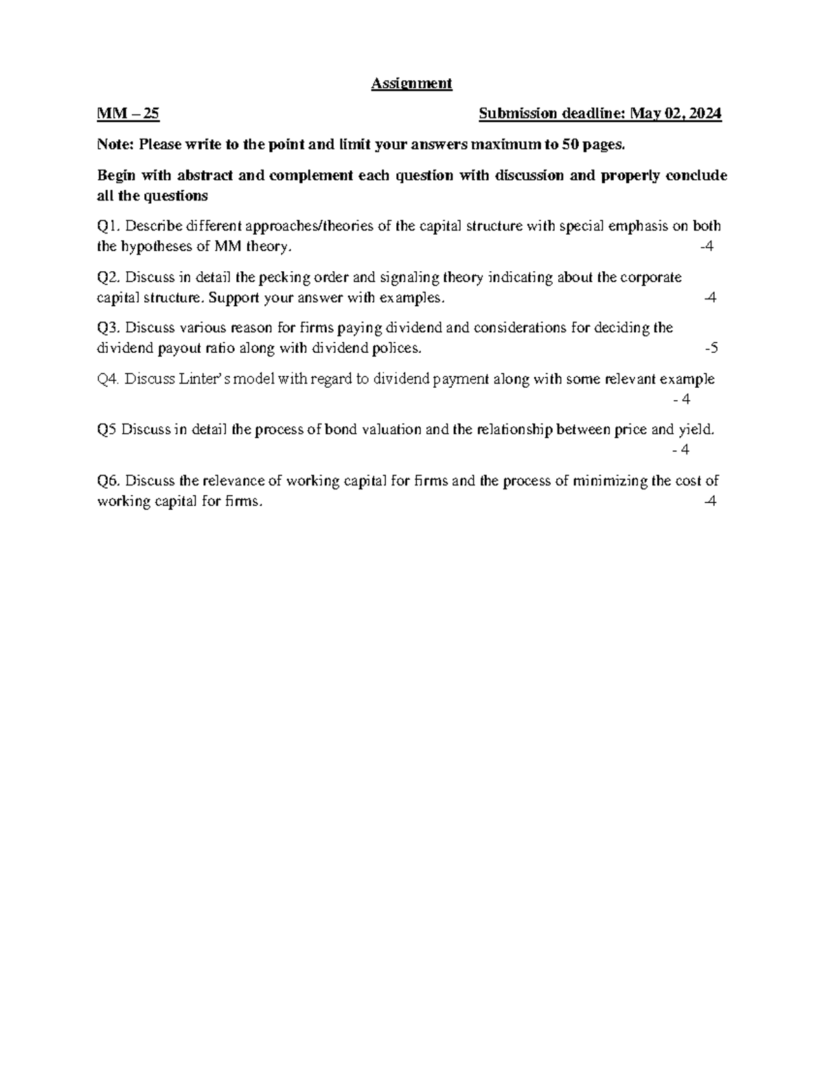 Assignment - Assignment MM – 25 Submission deadline: May 02, 2024 Note ...