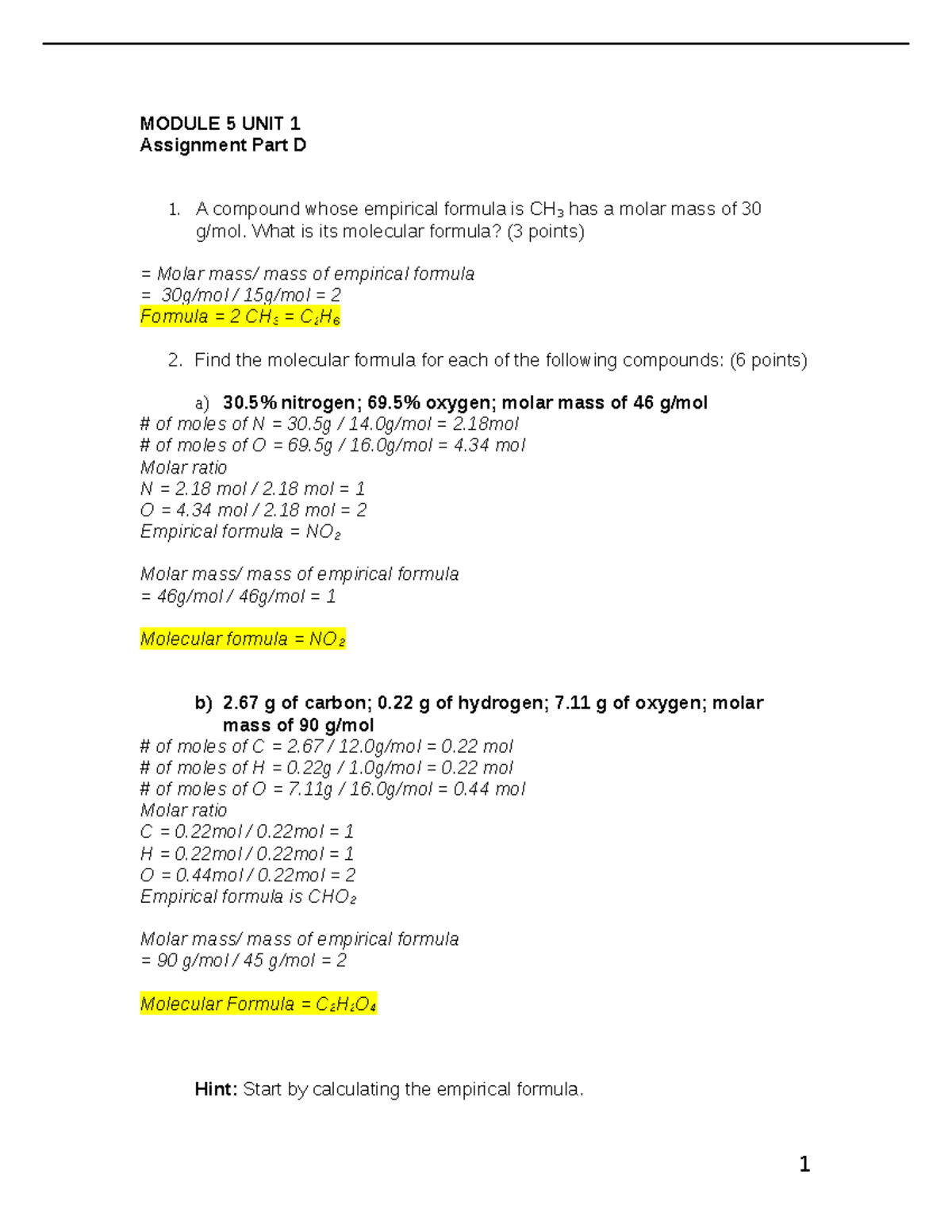 Unit 1 Assignment Part D Chemistry - MODULE 5 UNIT 1 Assignment Part D ...