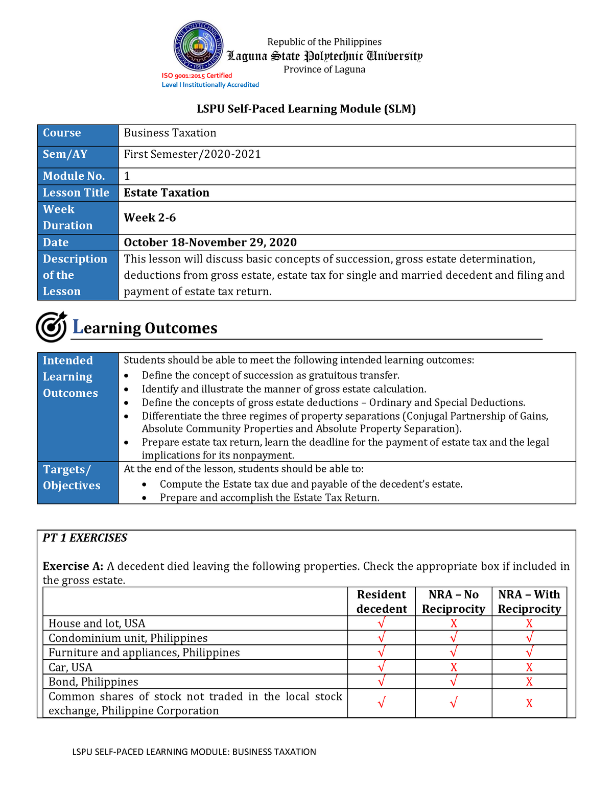 SLM1 Estate TAX Answer KEY - ISO 9001:2015 Certified Level I ...