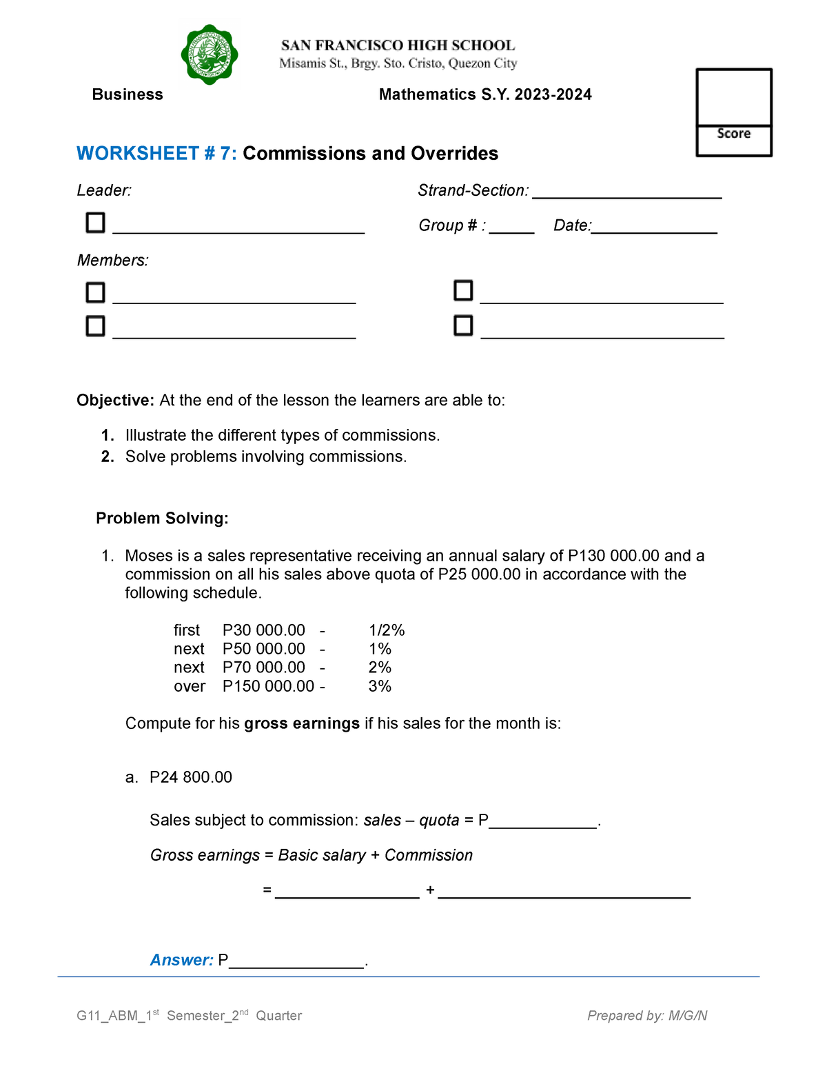 WS1 - Business Math - WORKSHEET # 7: Commissions And Overrides Leader ...