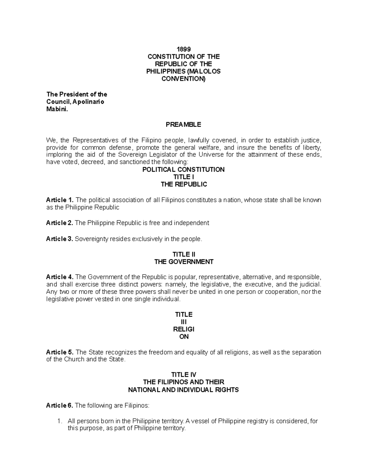 Constitution OF THE Republic OF THE Philippines ( Malolos Convention ...