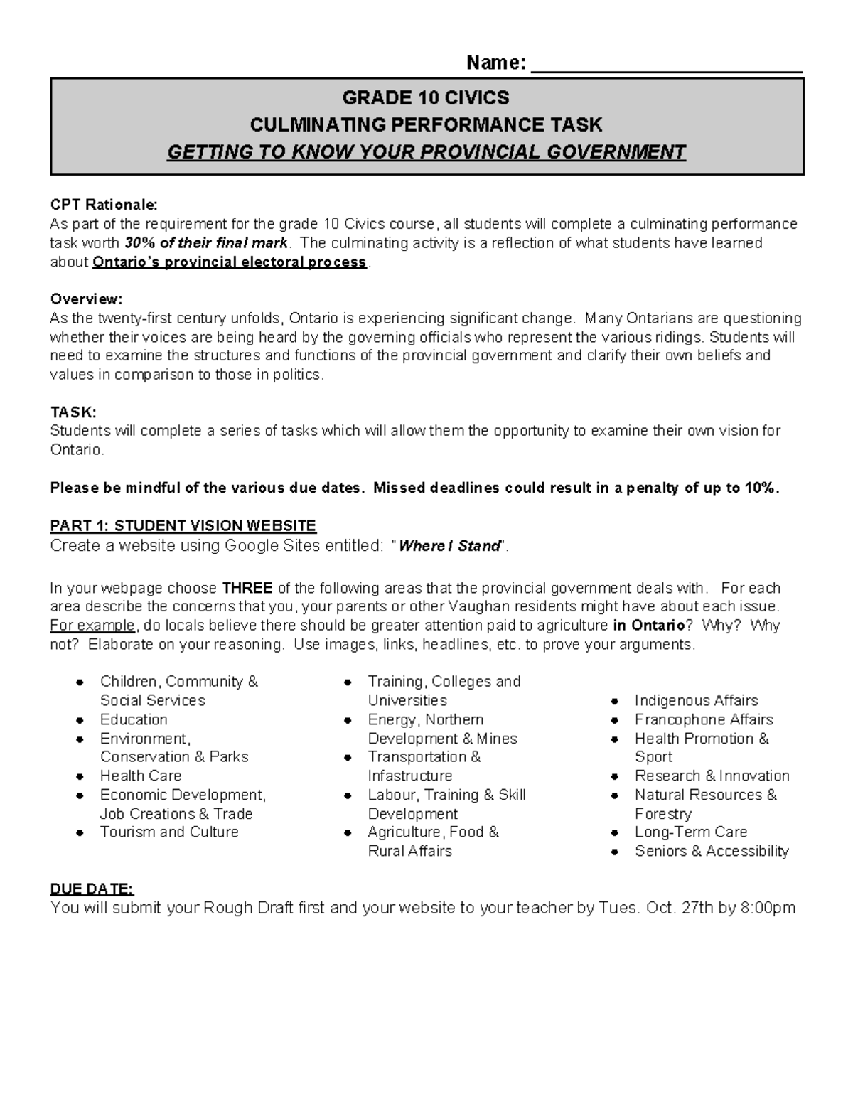 Civics- Provincial Gov't CPT - Name: _________________________ GRADE 10 ...