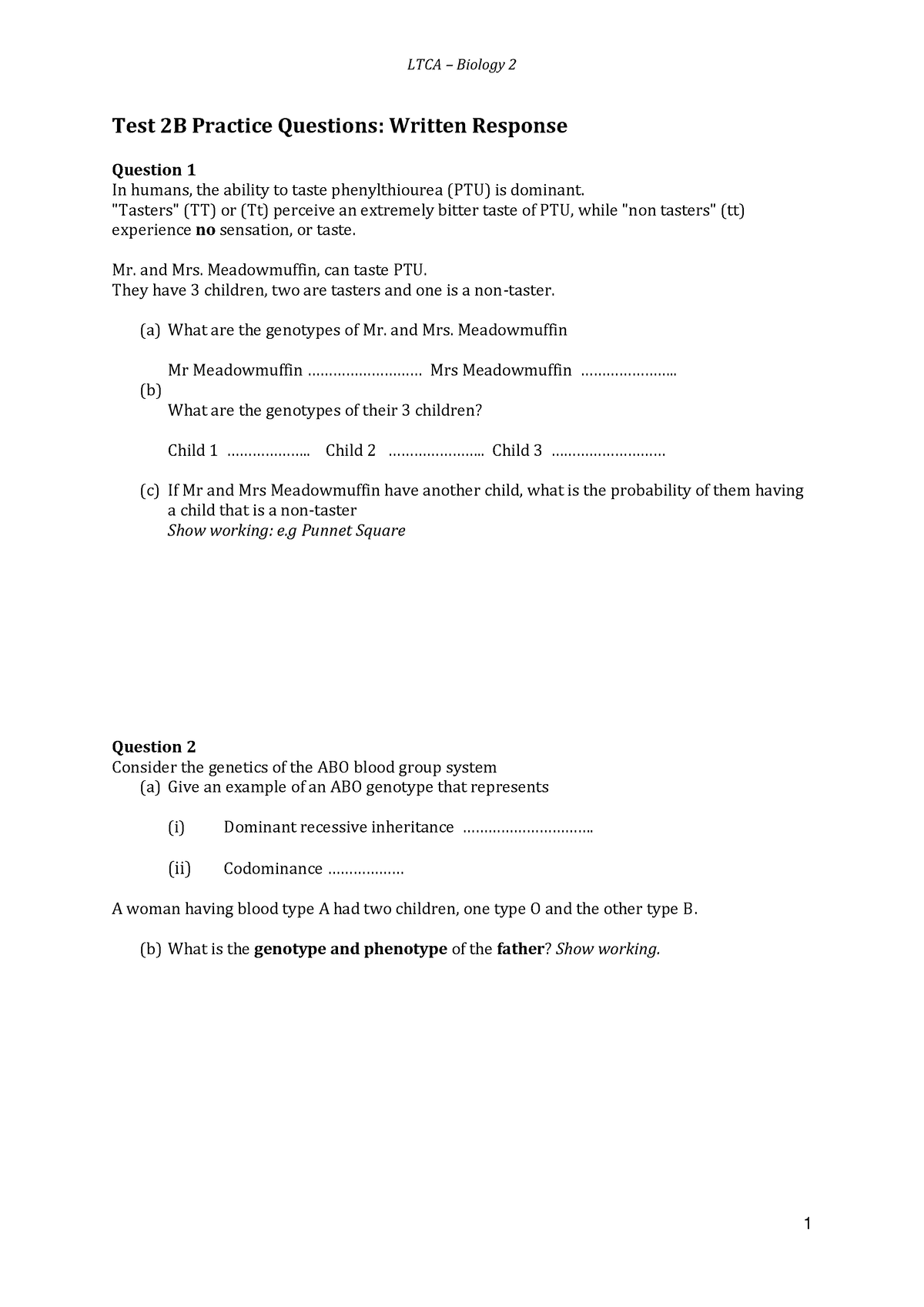 Biology 2 Test 2B Practice Questions: Genetics and Protein Synthesis