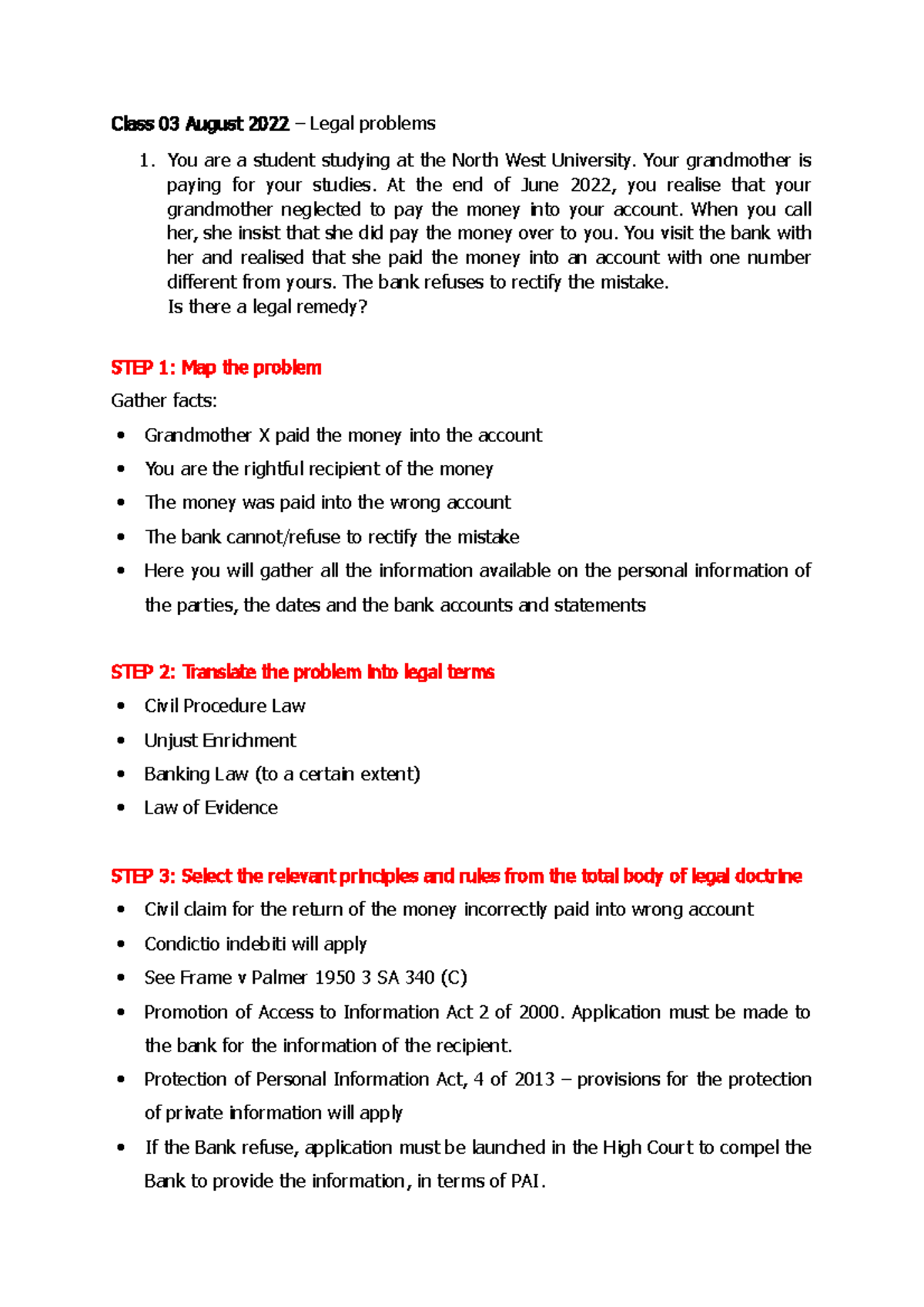 Legal problems IURI 171 - Class 03 August 2022 – Legal problems 1. You ...