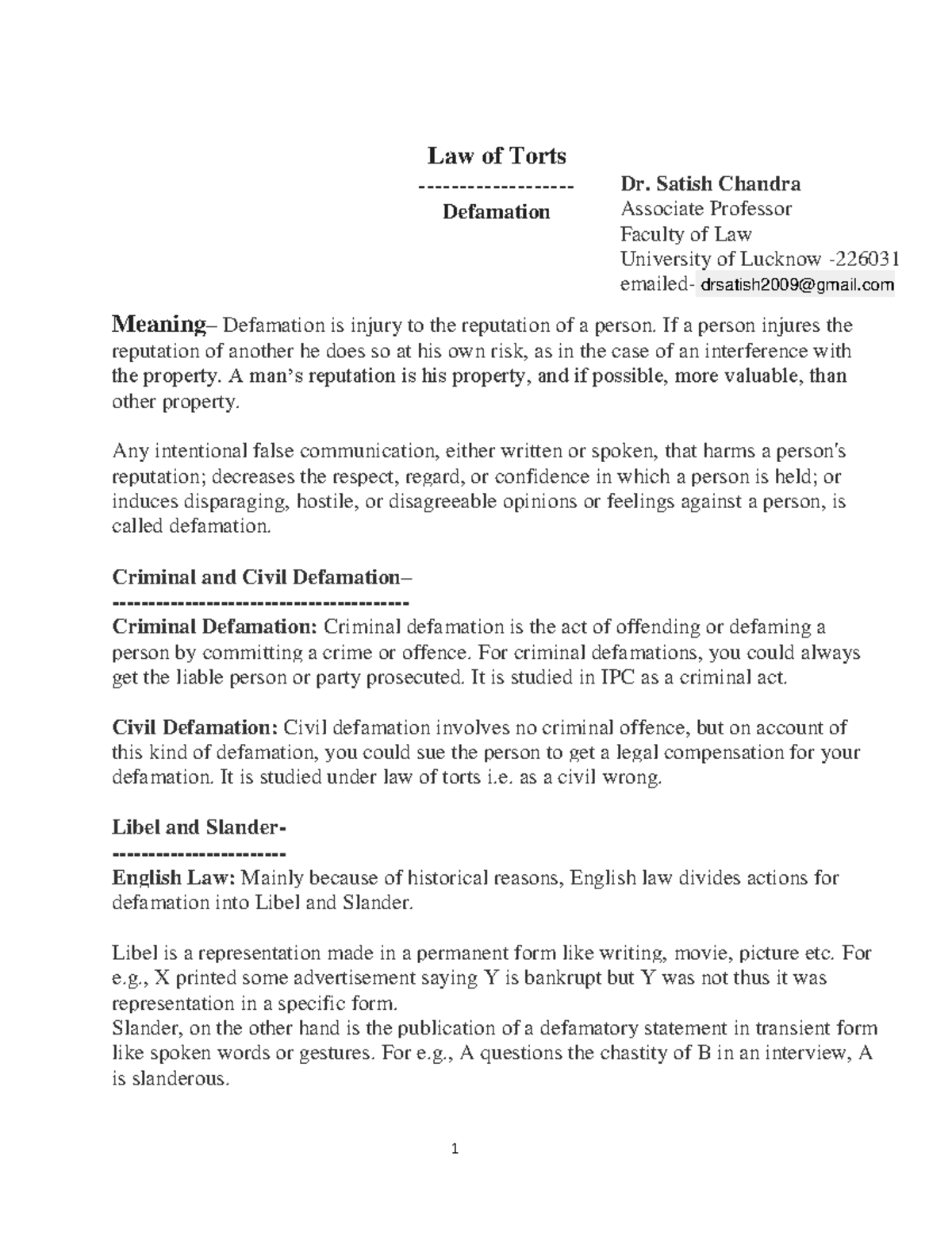 202004 050638207977 Satish Chandra Defamation In Law Of Torts - Law Of ...