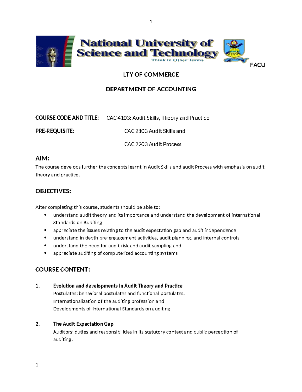 CAC4103 Course outline - 1 FACU LTY OF COMMERCE DEPARTMENT OF ...