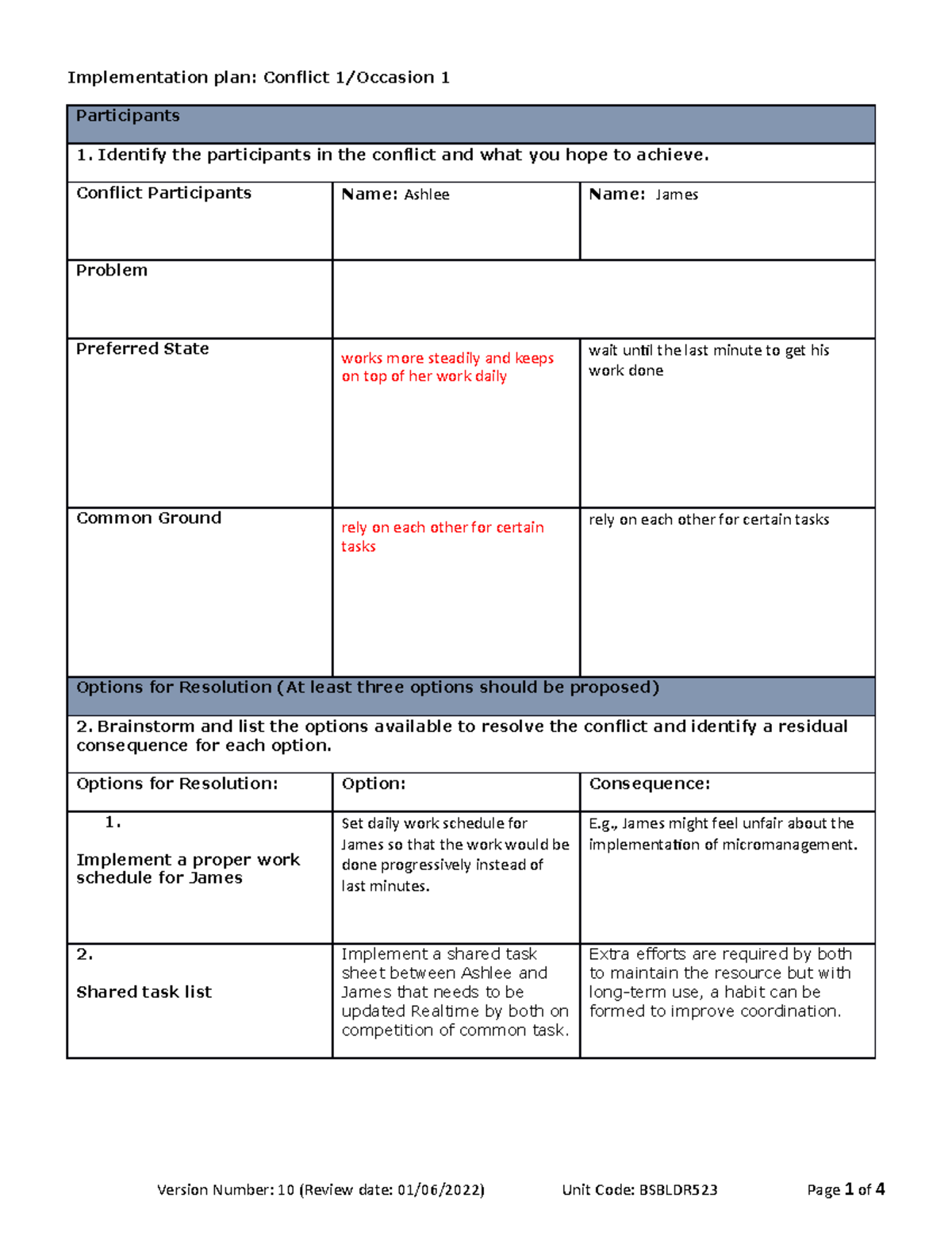 Bsbldr 523 Implementation Plan Template - Implementation plan: Conflict ...