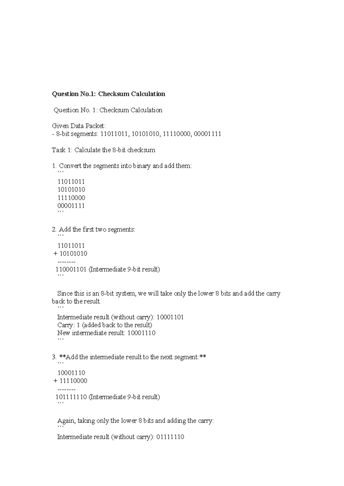 Assenmnent cs601 2 - great - Question No: Checksum Calculation Question ...