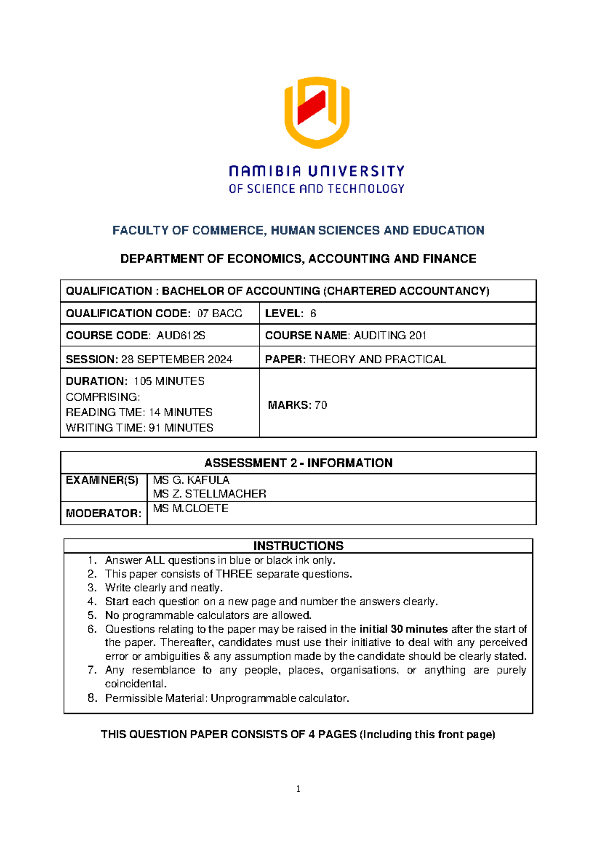 AUD612S 2024 Assessment 2 Information MC FACULTY OF COMMERCE