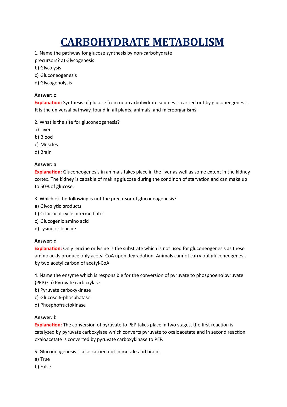 Carbohydrate Metabolism Questions Carbohydrate Metabolism Name The Pathway For Glucose 5039