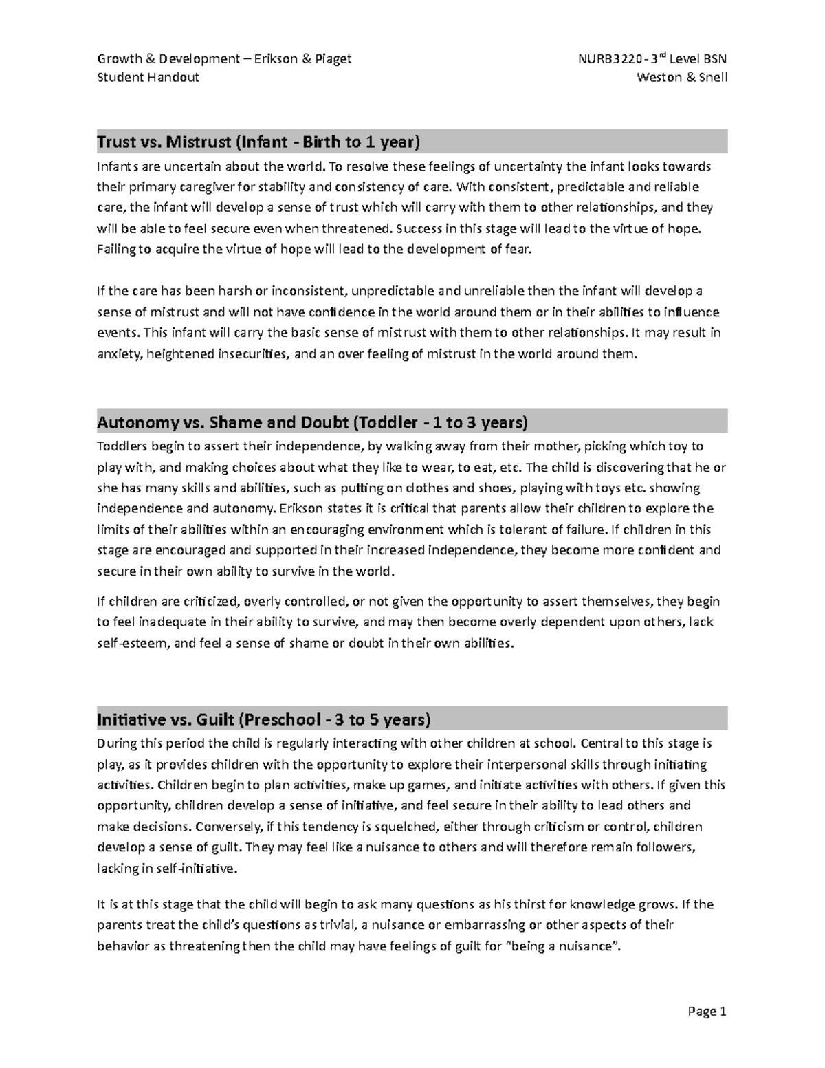 EXAM 1 Growth Development erikson and piaget Growth amp