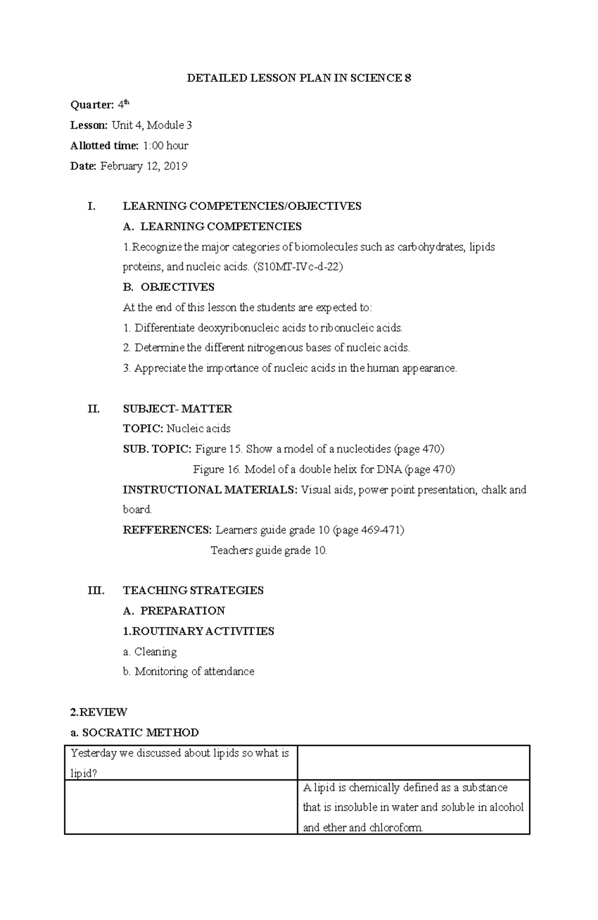 Grade 8 Science Lesson Plan Nucleic Acids DETAILED LESSON PLAN IN