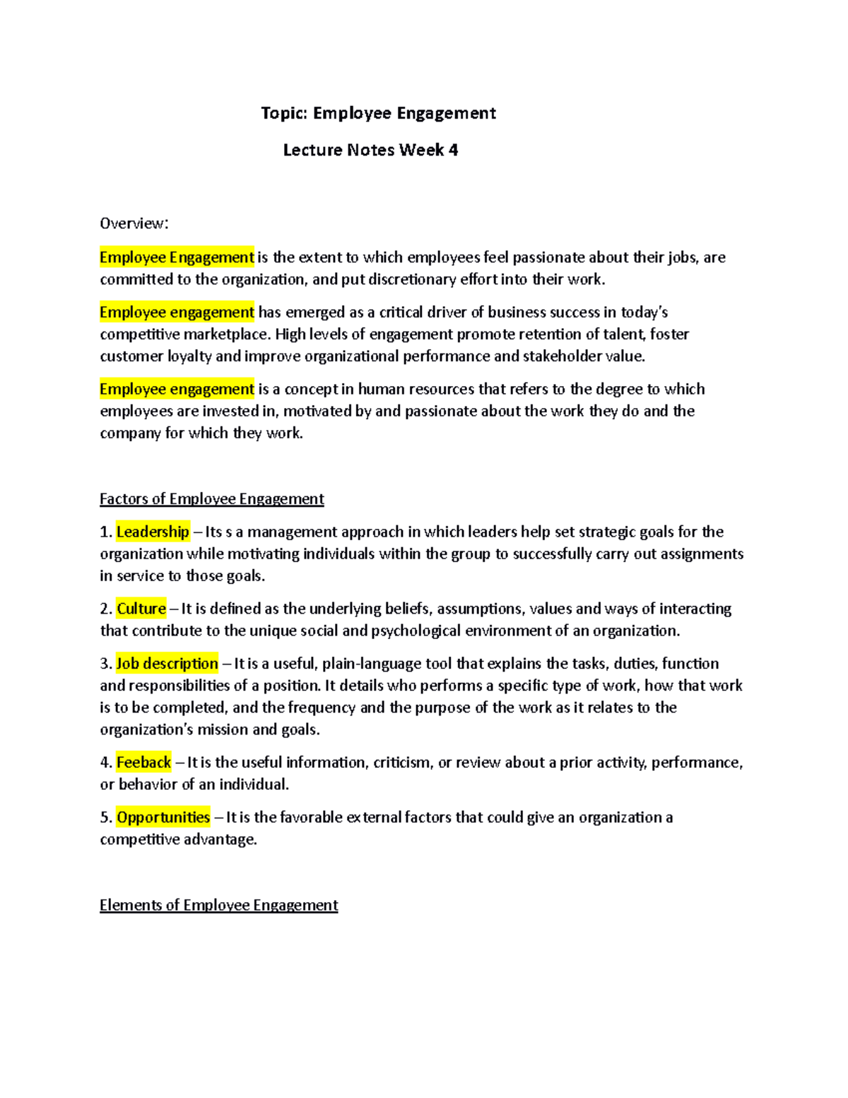 Employee Engagement - Topic: Employee Engagement Lecture Notes Week 4 ...
