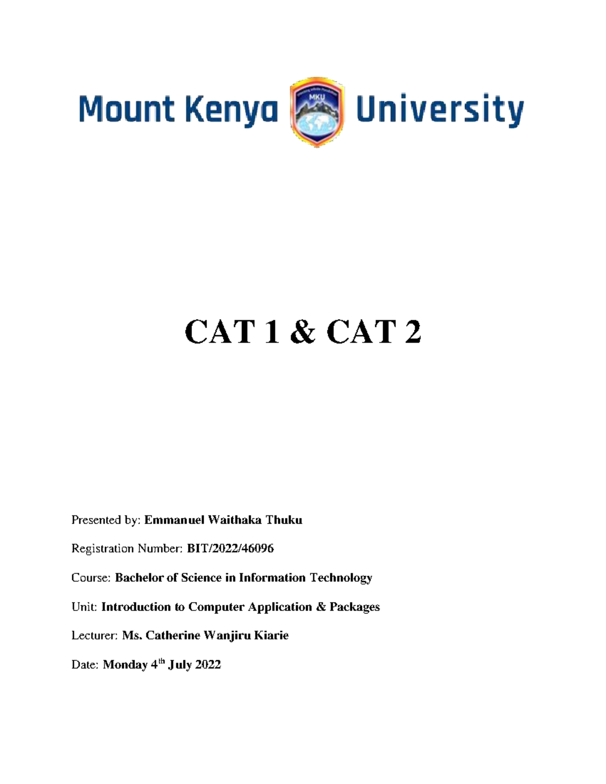 2022.07.04 BIT1106 Introduction to Computer Applications CAT 1 and CAT
