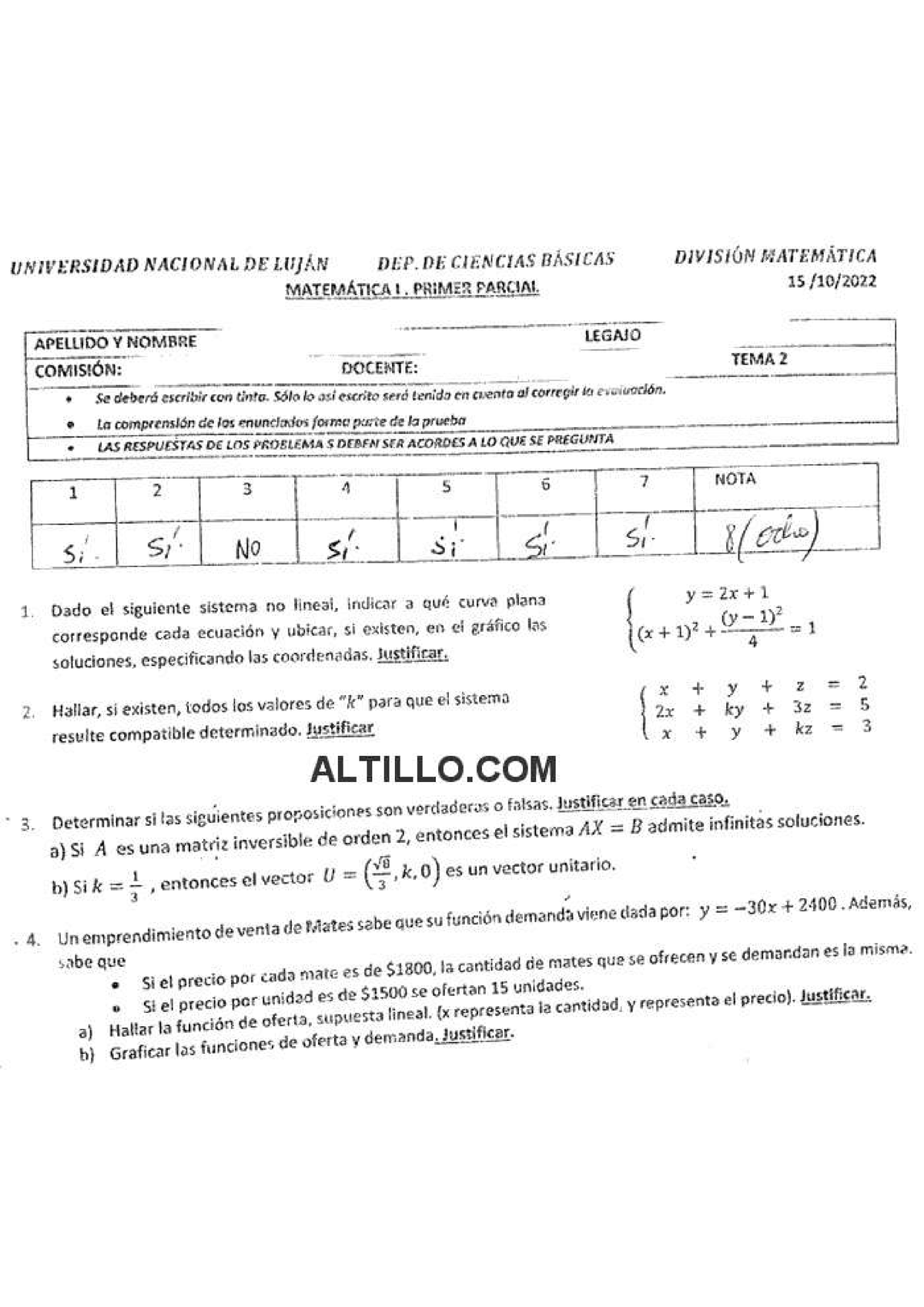 Enunciado Primer Parcial - Matemática I - Studocu