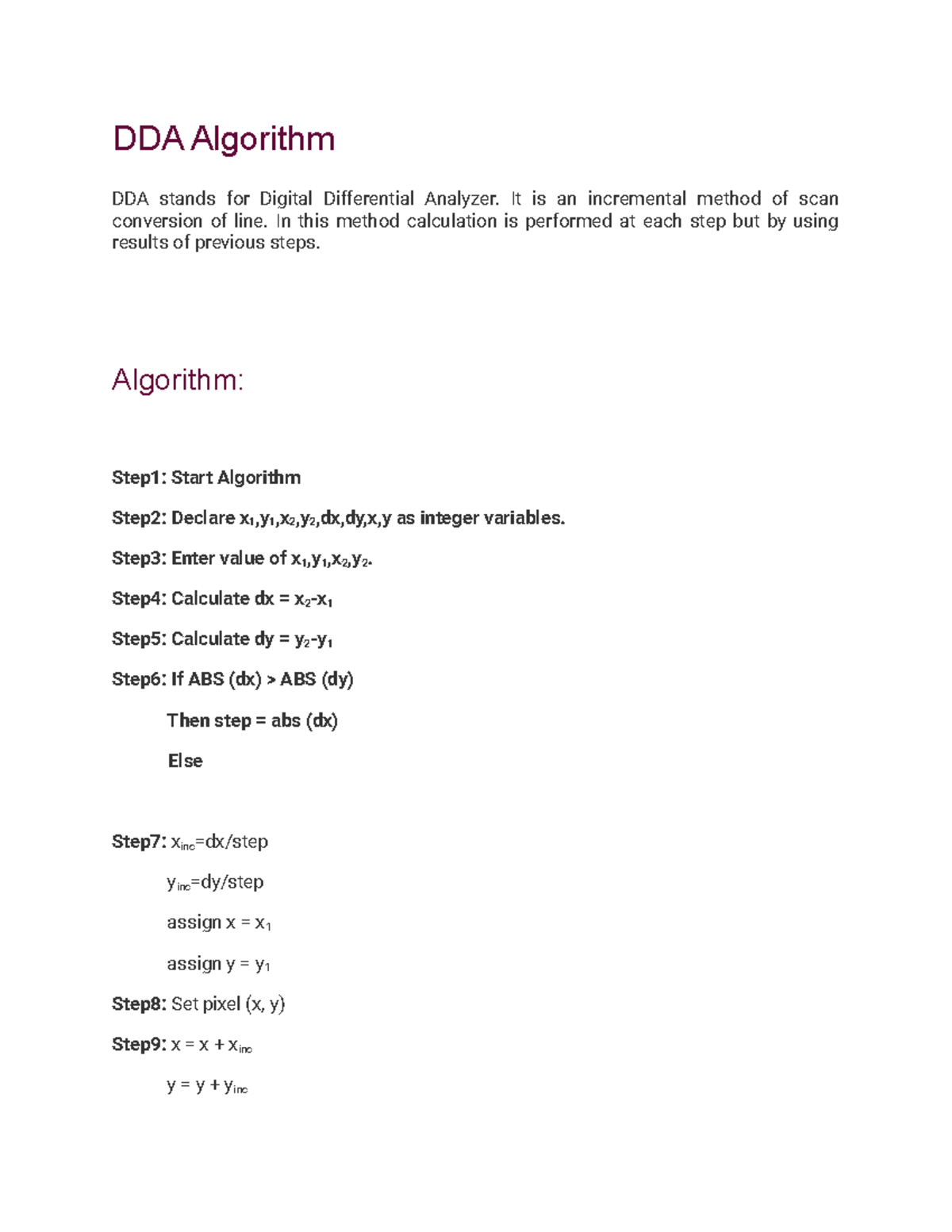DDA Algorithm - DDA Algorithm DDA stands for Digital Differential ...