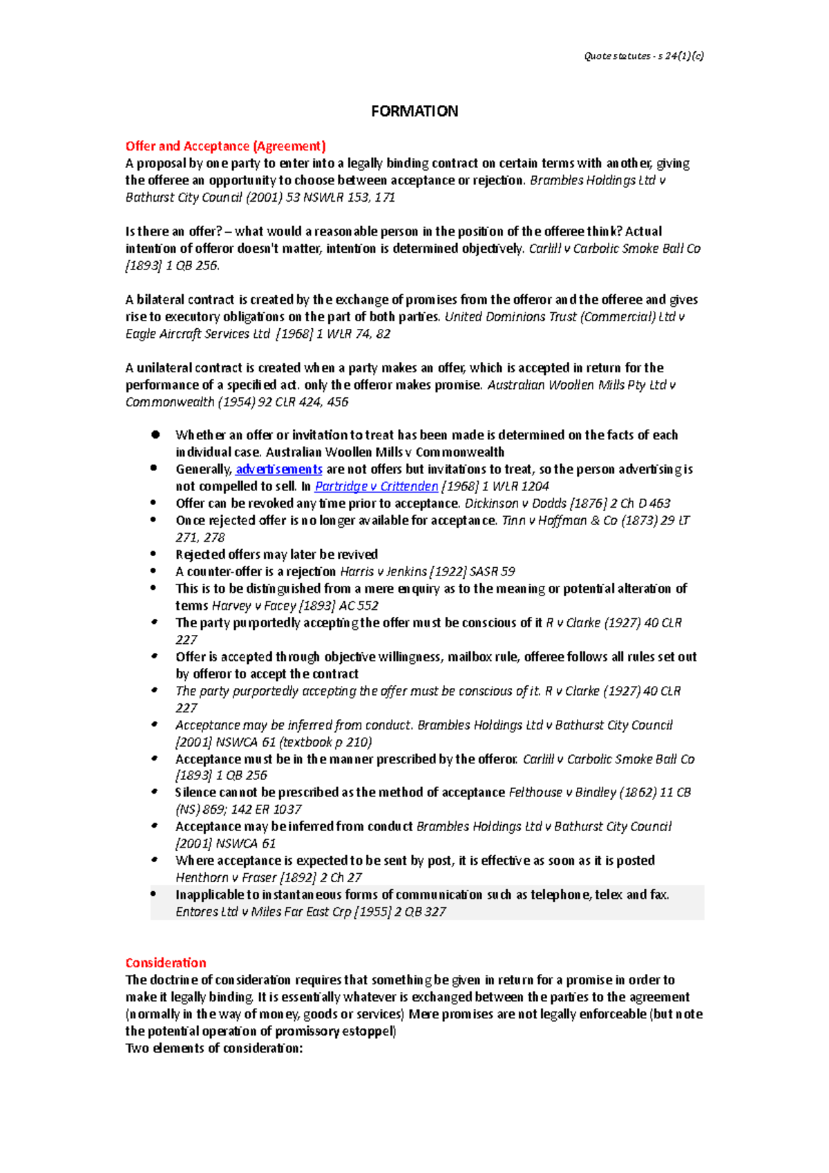 LAW EXAM Notes - Summary Commercial Law I - FORMATION Offer and ...