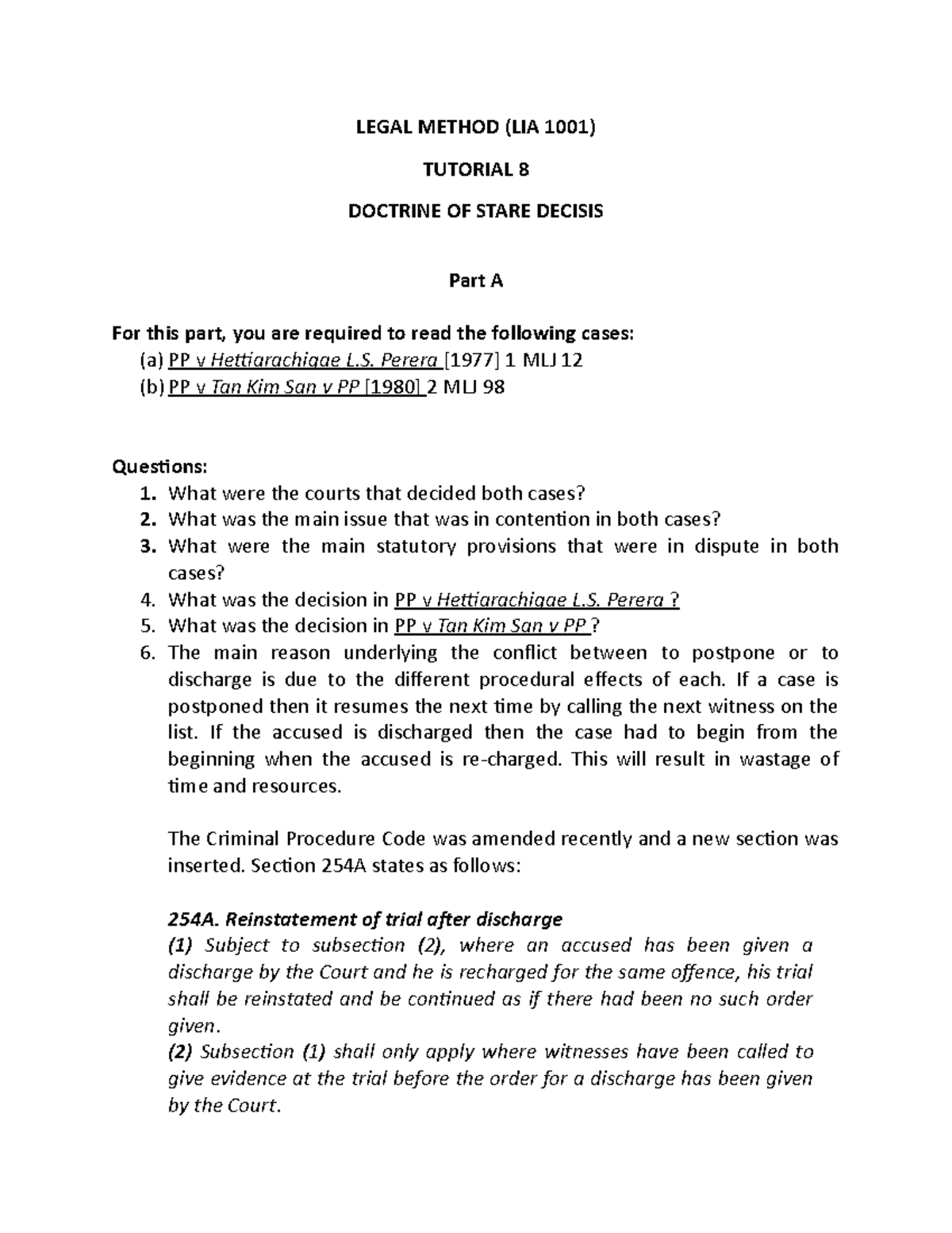 Tutorial 8 stare decisis - LEGAL METHOD (LIA 1001) TUTORIAL 8 DOCTRINE ...