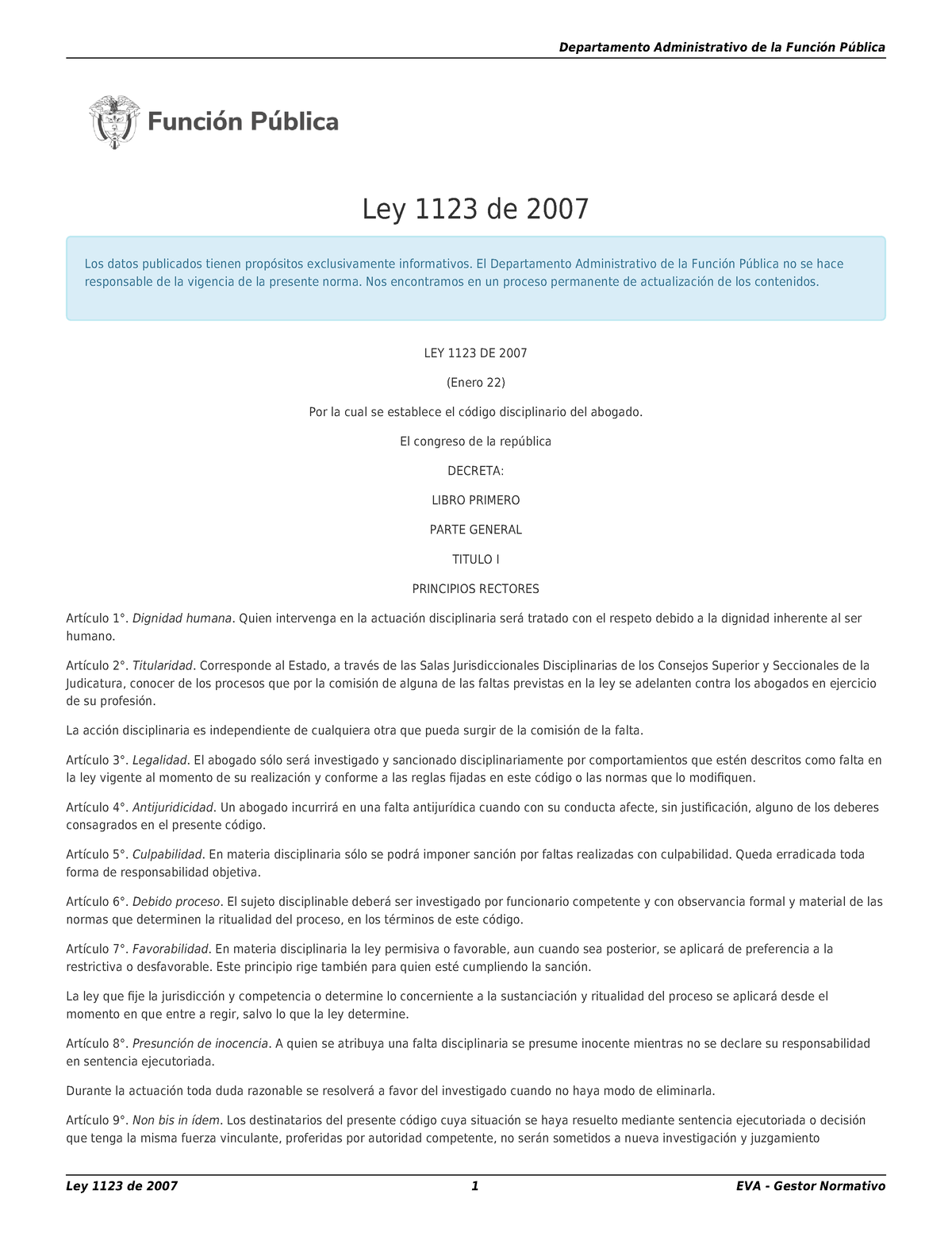 Ley 1 123 De 2007 - Derecho Disciplinario Vigente, Deroga Otras ...