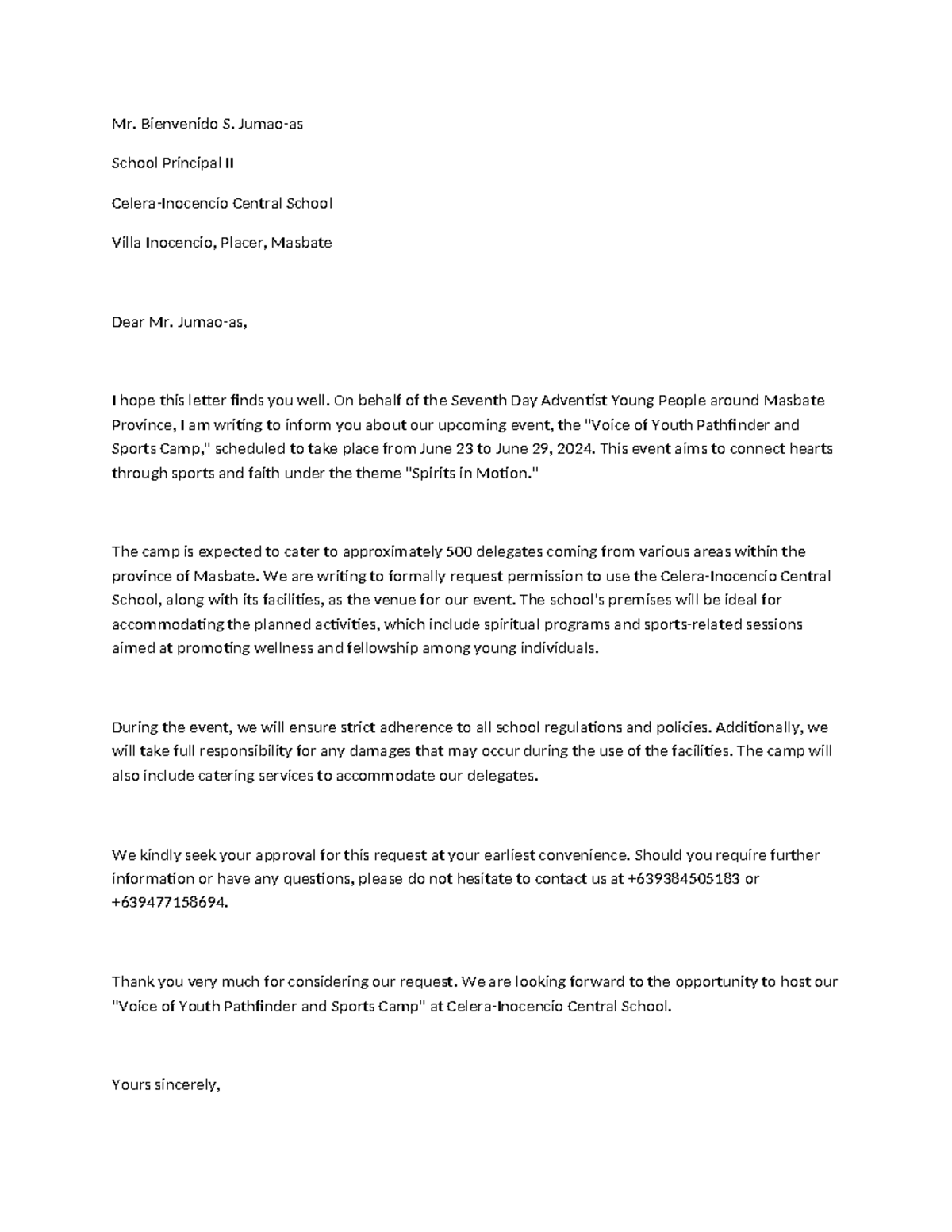 Celera Letter OF Request - Mr. Bienvenido S. Jumao-as School Principal ...