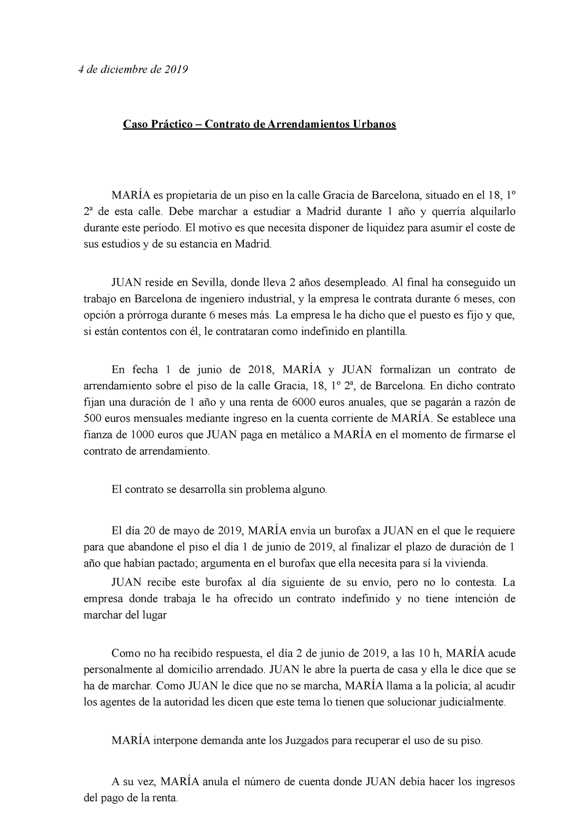 Caso Práctico Sobre Arrendamientos Urbanos 4 De Diciembre De 2019 Caso Práctico Contrato De 7296