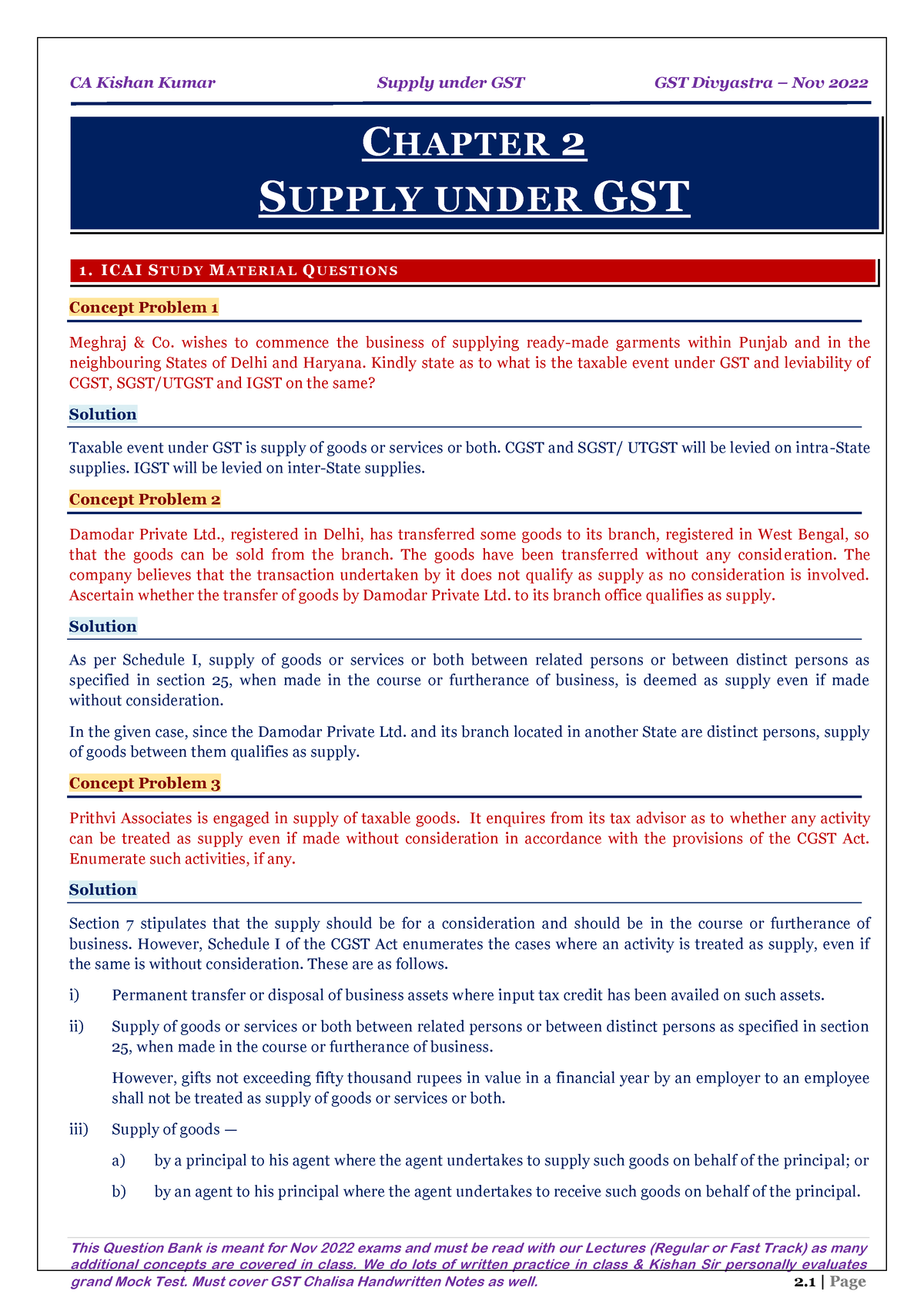 Chapter 2 Supply Under GST - This Question Bank Is Meant For Nov 2022 ...