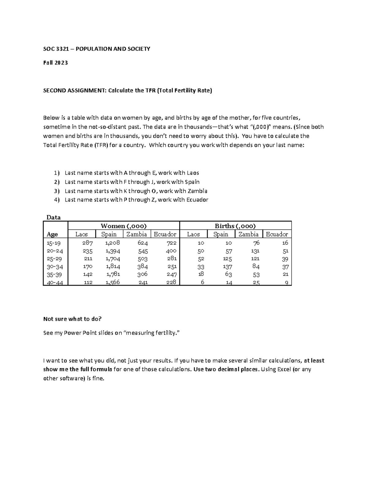 Assignment 2 TFR - SOC 3321 – POPULATION AND SOCIETY Fall 2023 SECOND ...