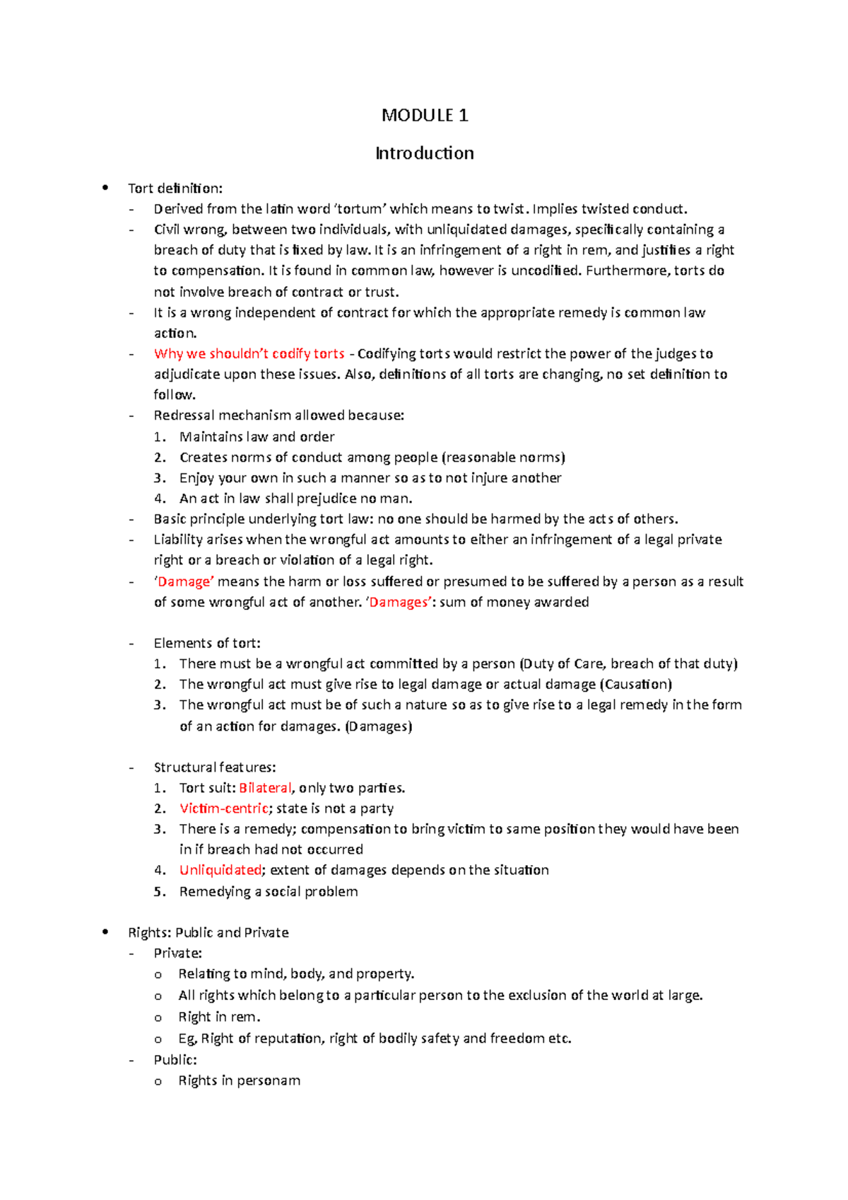 Torts - Notes - MODULE 1 Introduction Tort definition: - Derived from ...