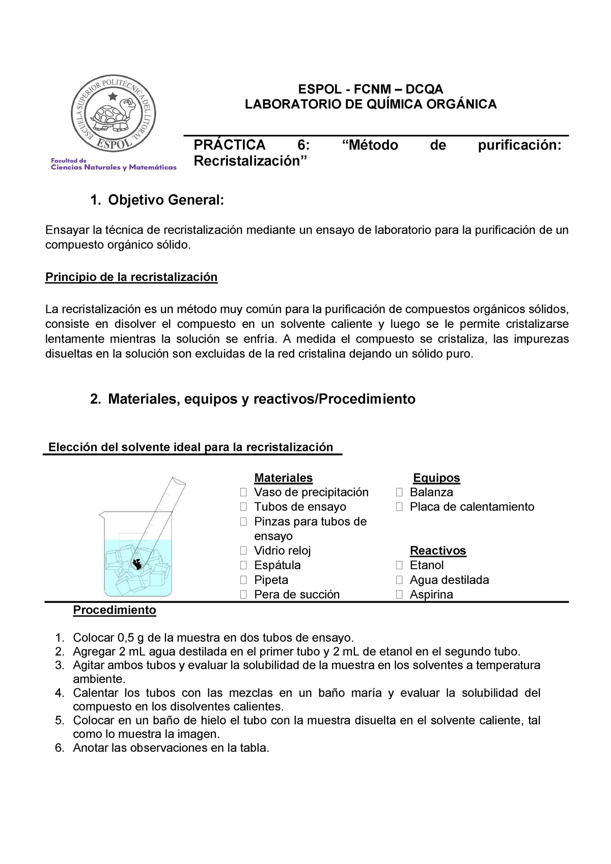 LQO(I) P6. Recristalización - ESPOL - FCNM – DCQA LABORATORIO DE ...