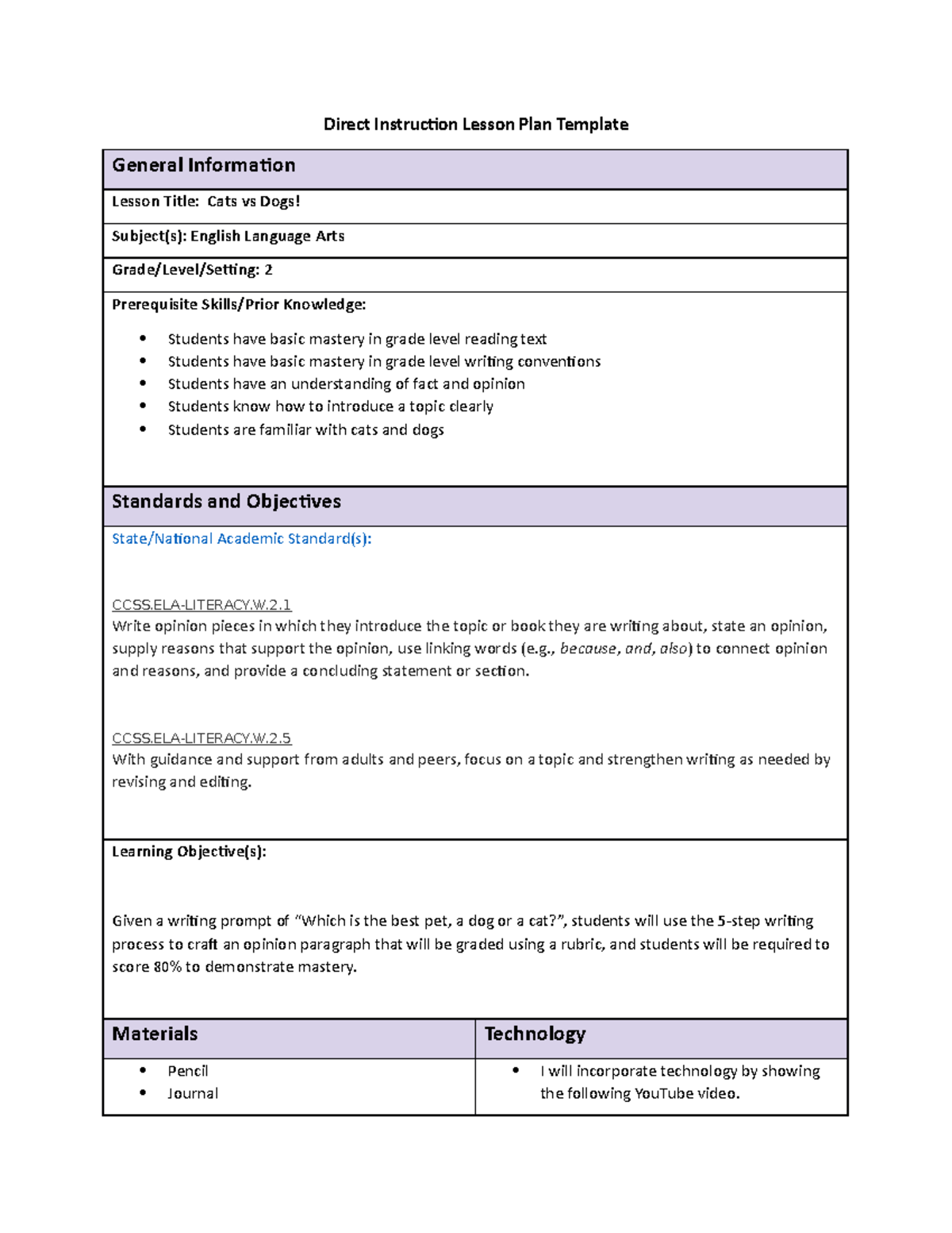 Language Arts Lesson Plan - Direct Instruction Lesson Plan Template ...