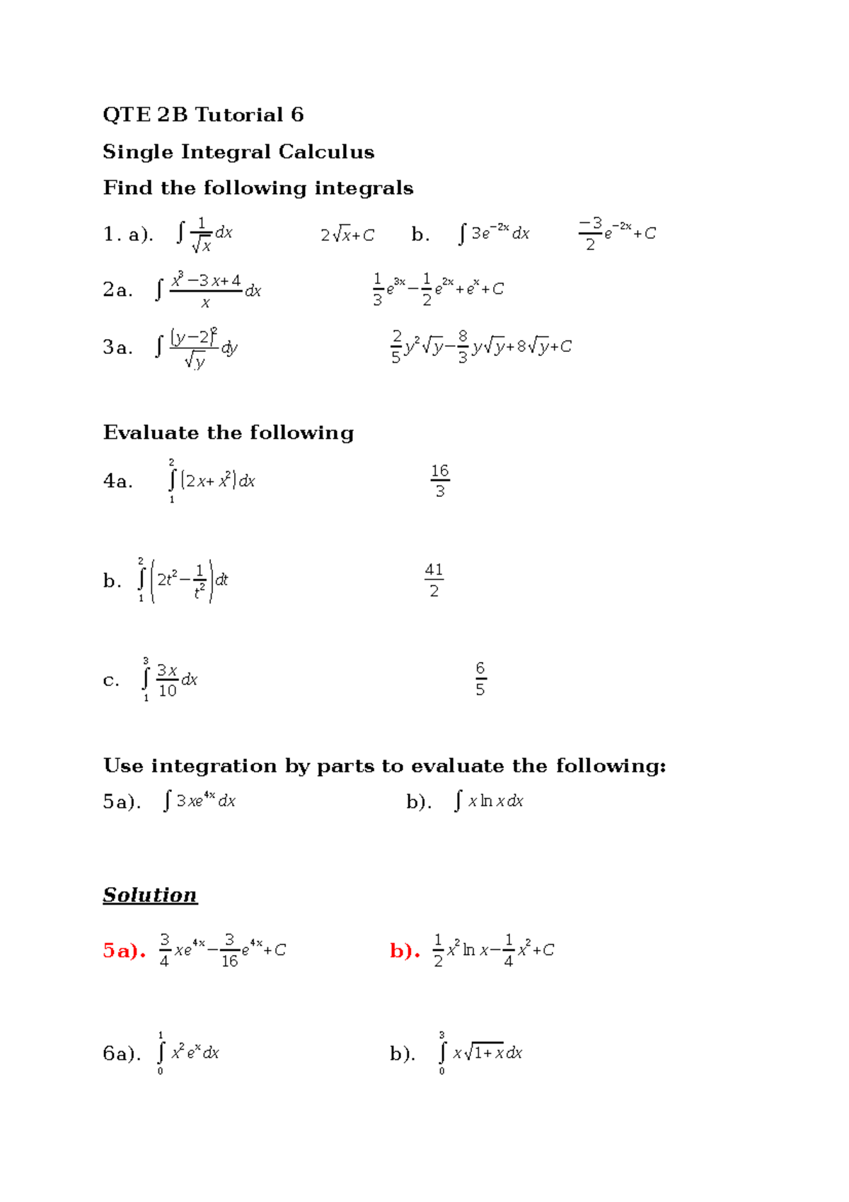 QTE 2B Tutorial 6. Intergral calculusdocx - QTE 2B Tutorial 6 Single ...