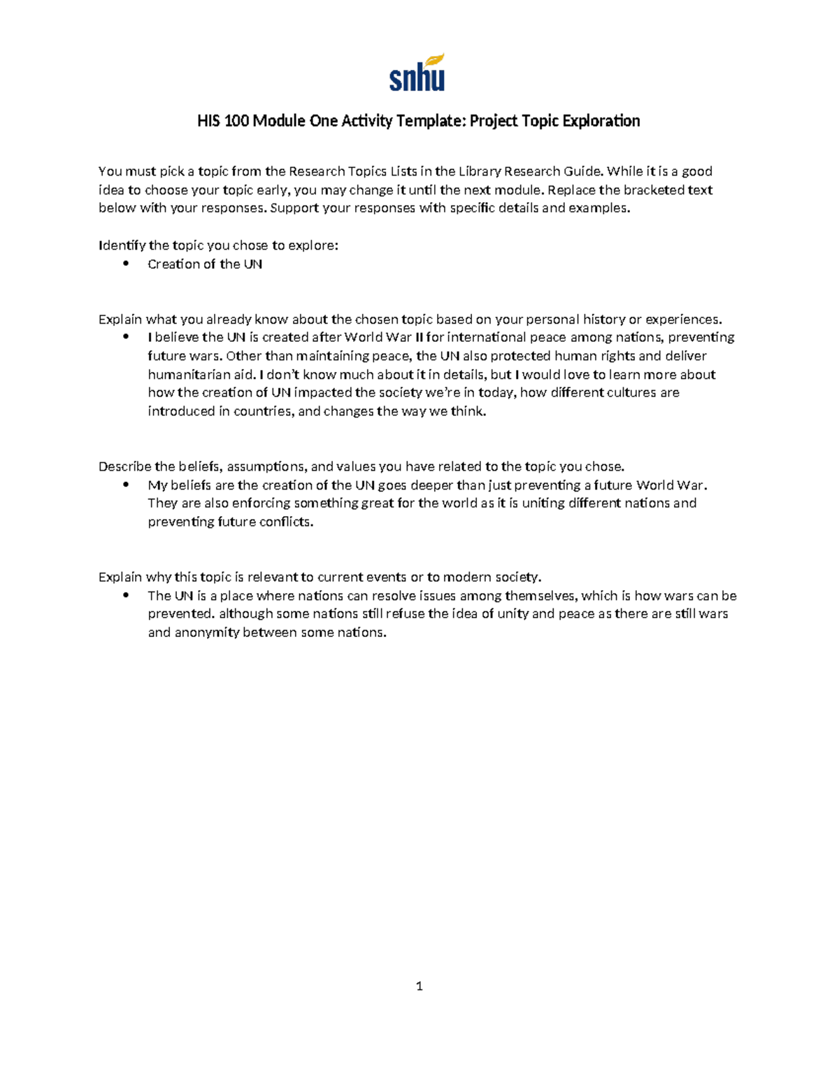 HIS 100 Module One Activity Template - While it is a good idea to ...