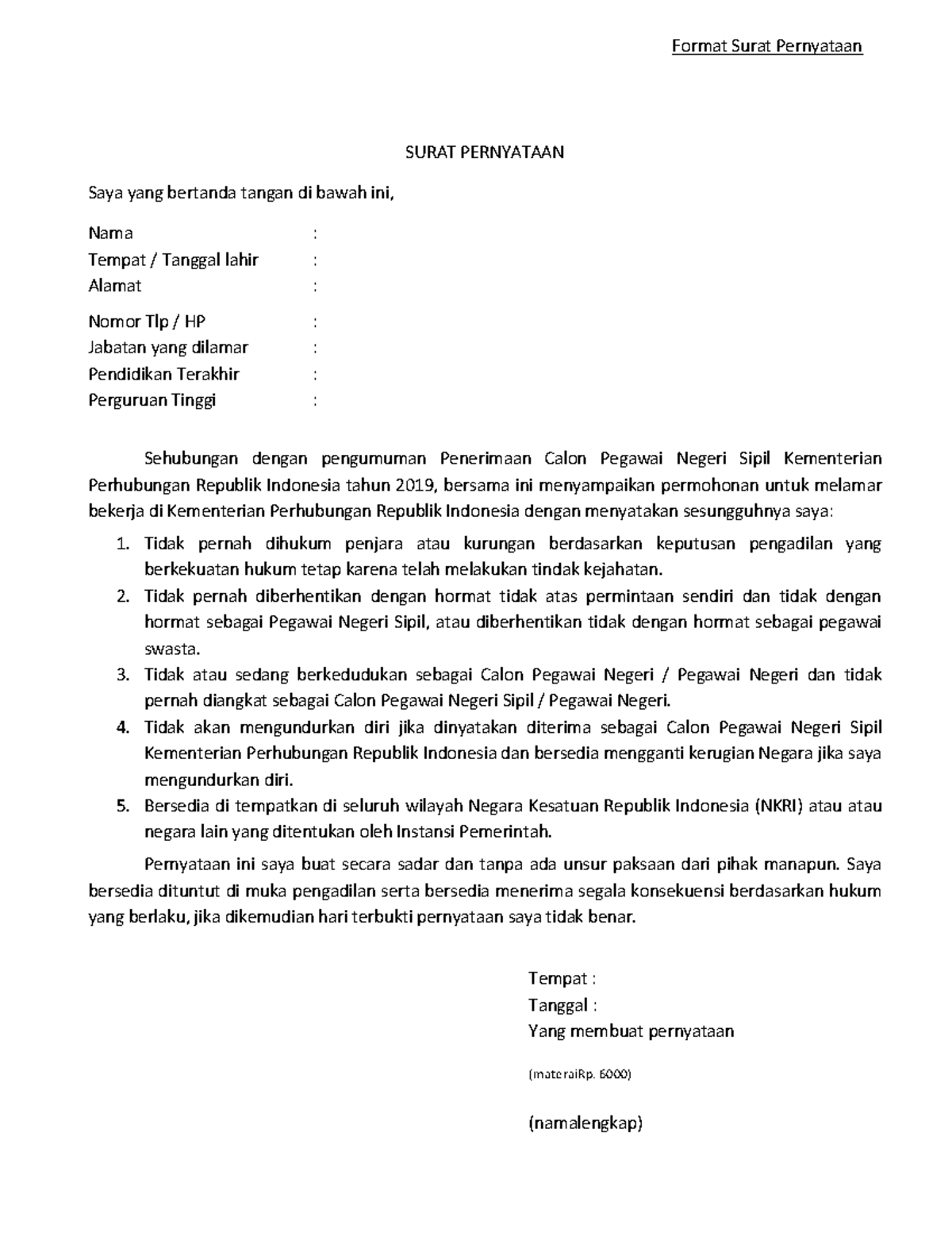 Format Surat Pernyataan 2019 - Format Surat Pernyataan SURAT PERNYATAAN