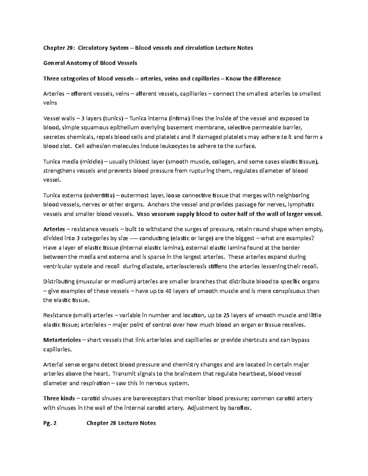 Chapter 20 lecture notes - Chapter 20: Circulatory System – Blood ...