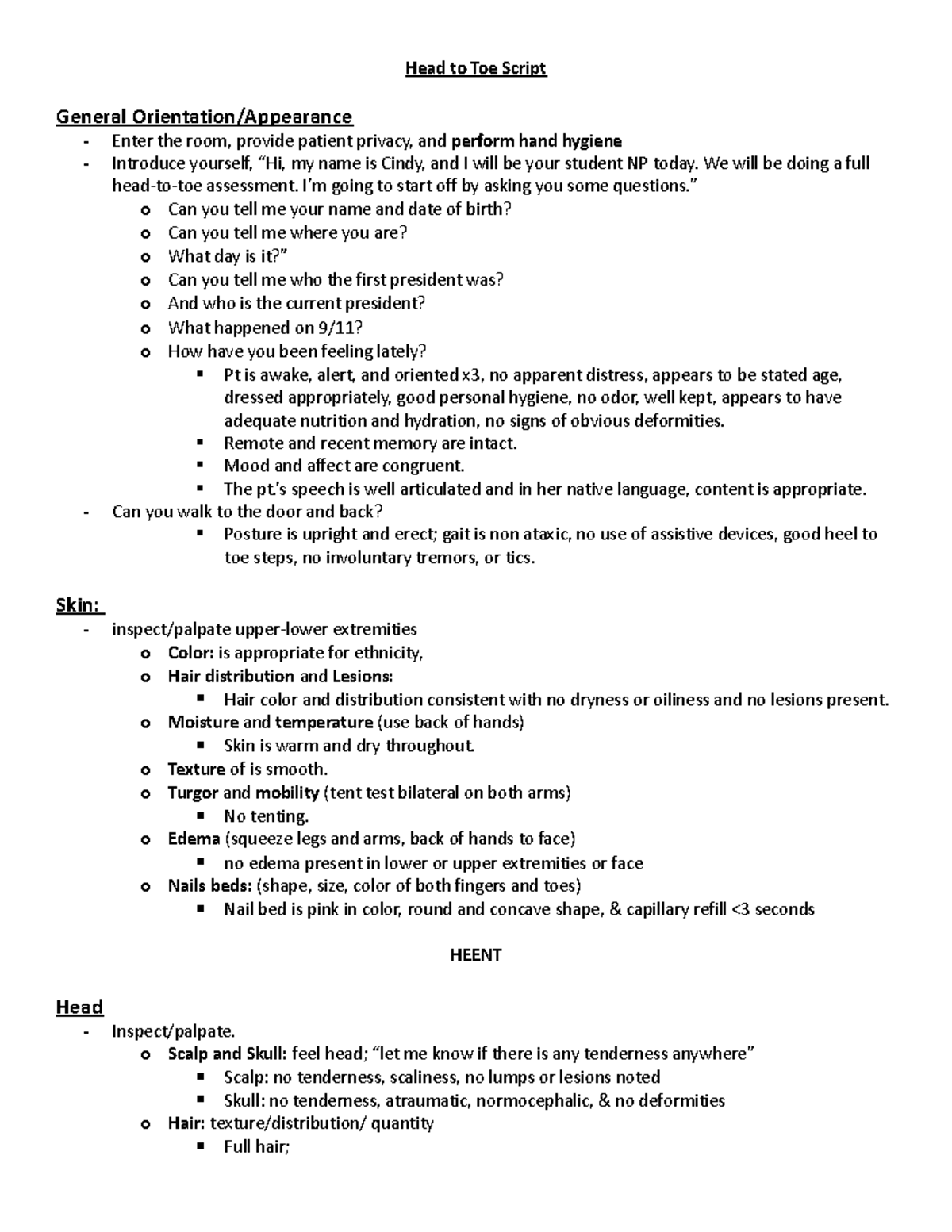 Video OSCE script - Initial head to toe - Head to Toe Script General ...