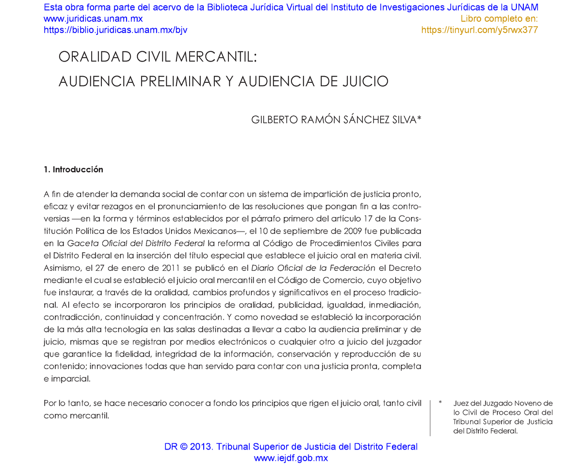 Audiencia Preliminar Y Juicio Oral Mercantil Y Civil Juridicasunam Bibliojuridicasunambjv 6921