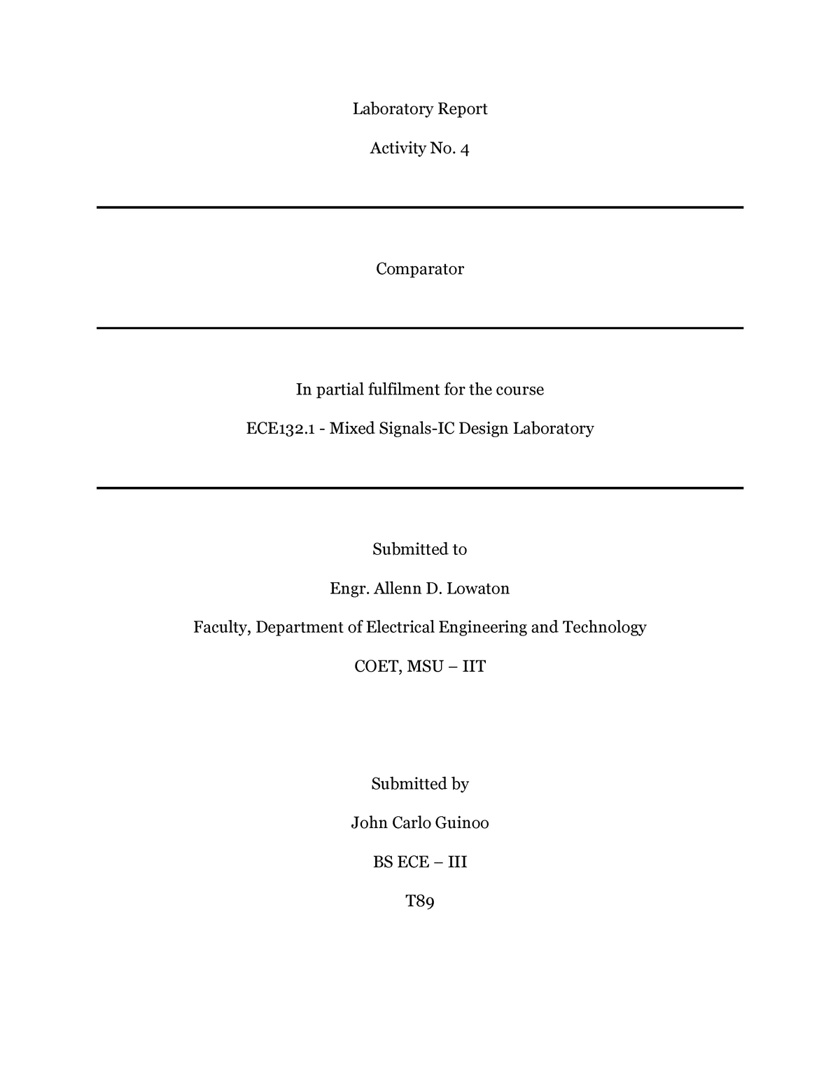 Comparator Circuit Design - Laboratory Report Activity No. 4 Comparator ...