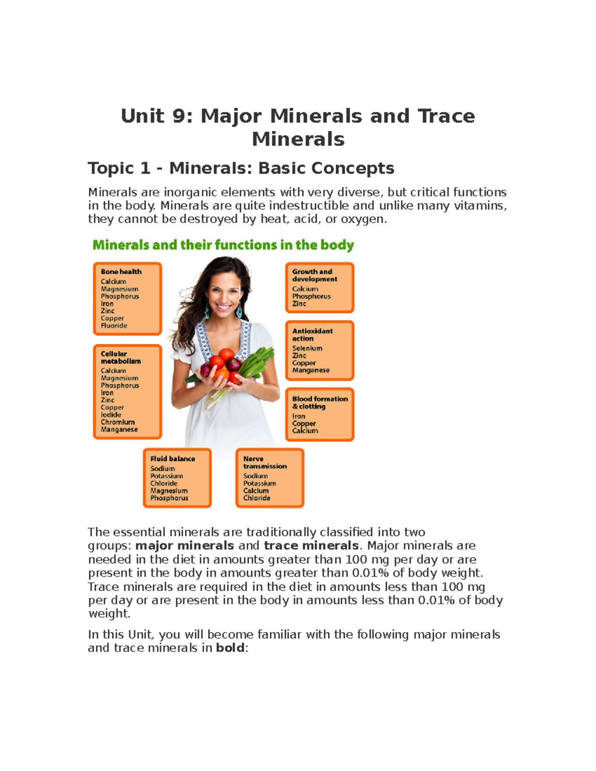 Unit 9 Minerals Unit 9 Major Minerals and Trace Minerals Topic 1