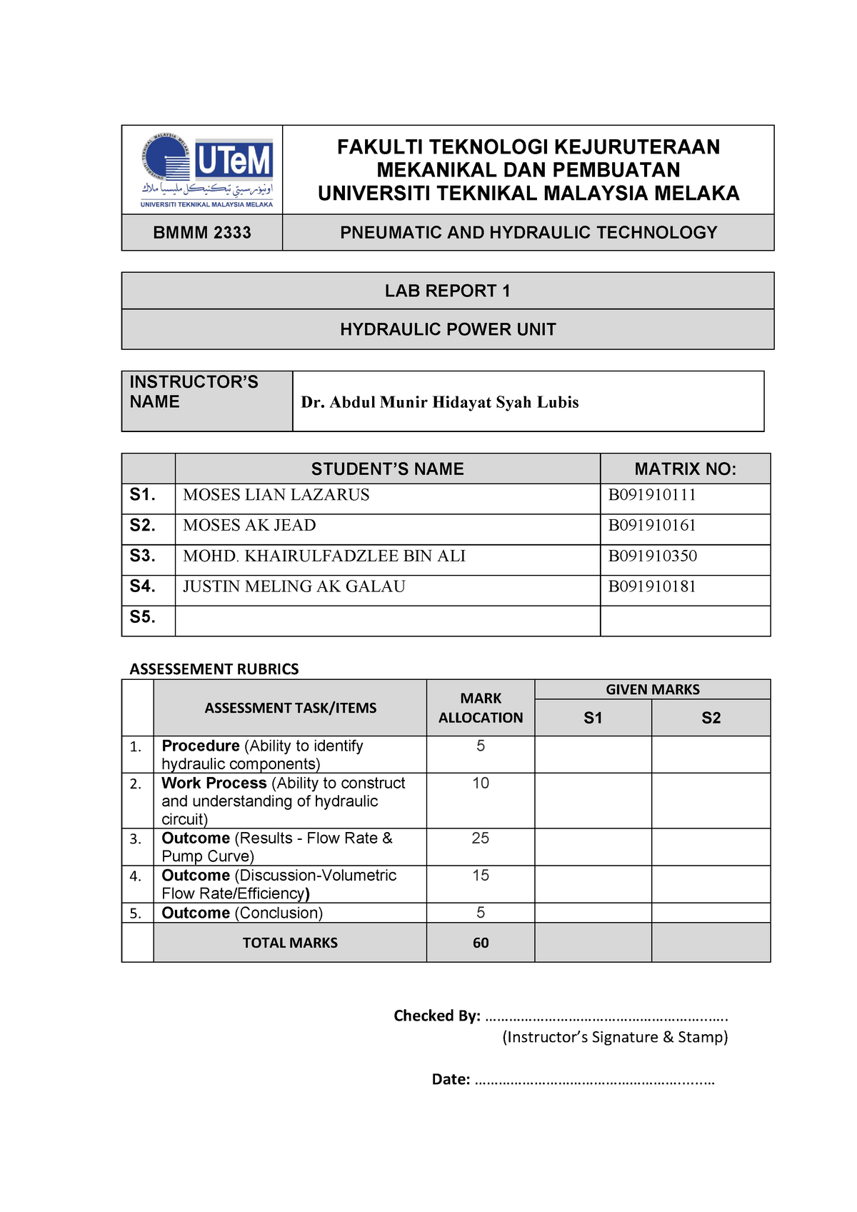 LAB 1 Hydraulic power unit - FAKULTI TEKNOLOGI KEJURUTERAAN MEKANIKAL ...