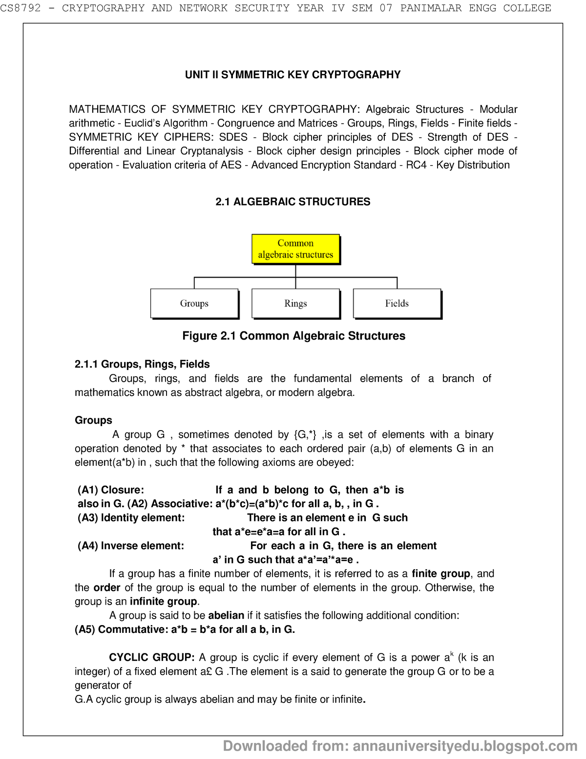 Unit2 CS8792 CNS Notes - UNIT II SYMMETRIC KEY CRYPTOGRAPHY MATHEMATICS OF  SYMMETRIC KEY - Studocu