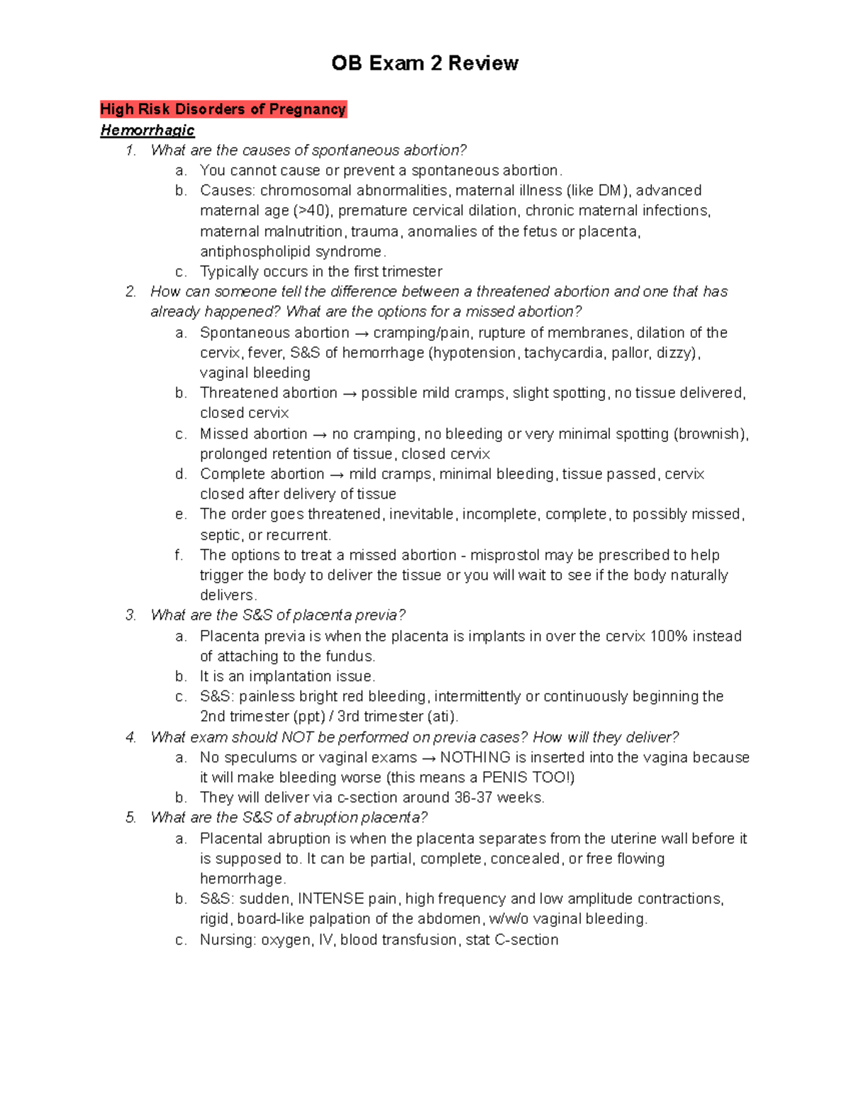 OB Exam 2 Review - High Risk Disorders of Pregnancy Hemorrhagic 1. What ...